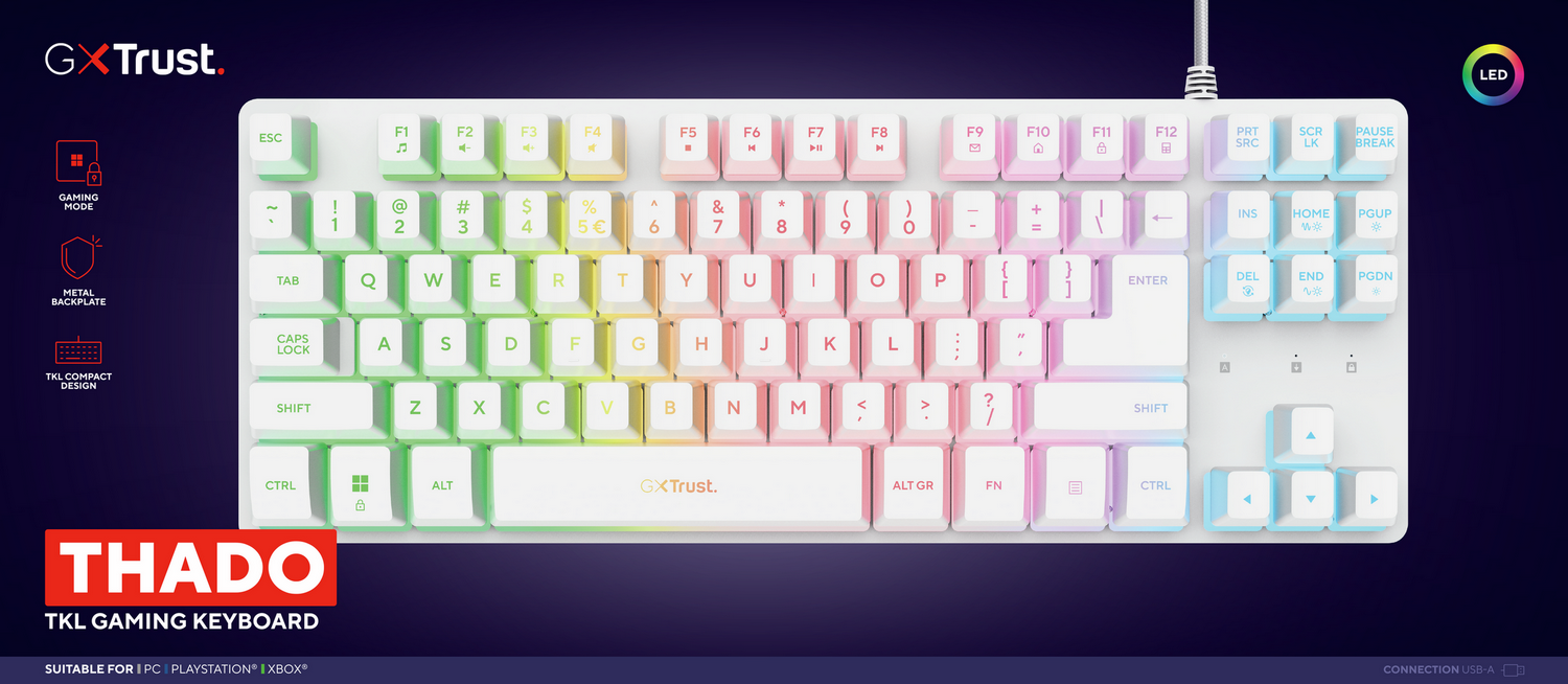 Teclado gaming TKL Thado GXTrust blanco con teclas iluminadas arcoíris. Incluye placa metálica y modo gaming.