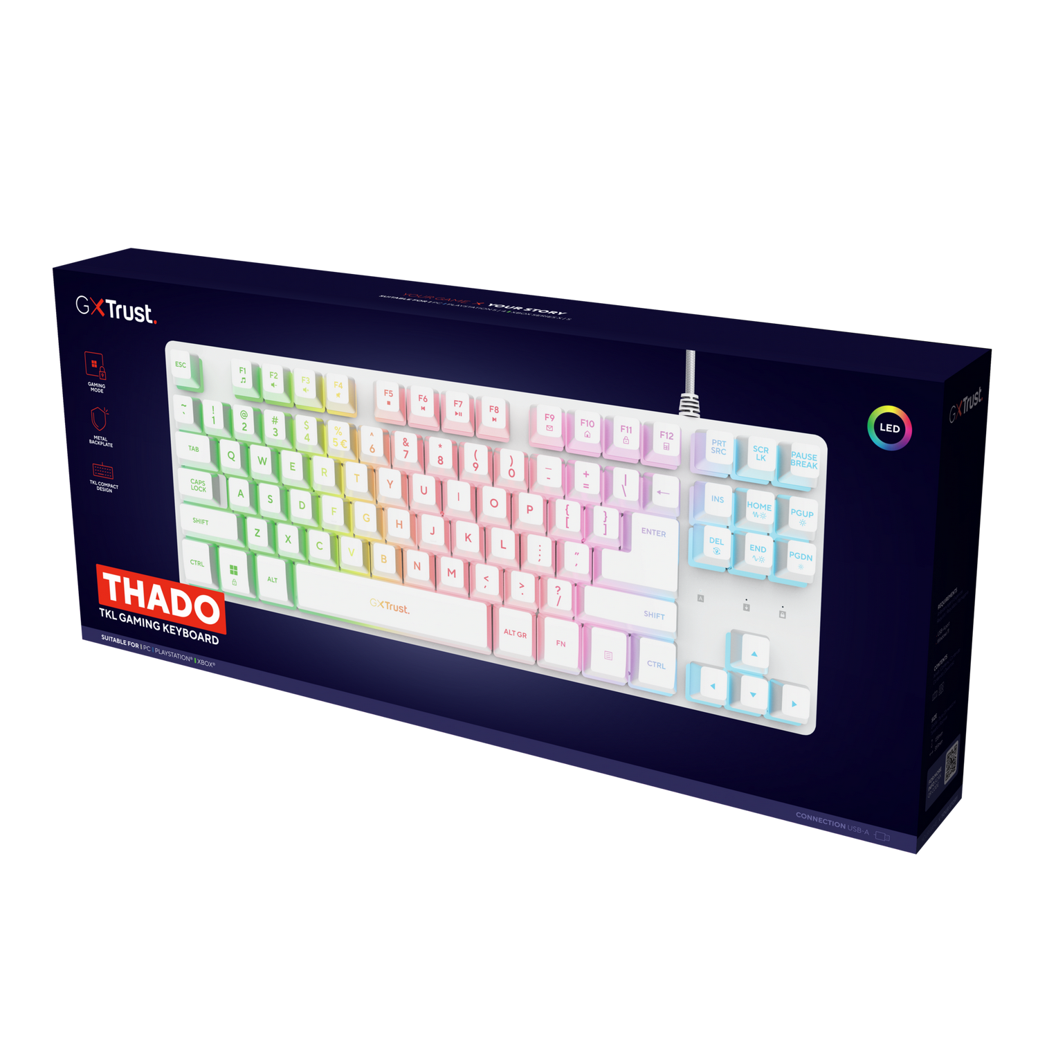 Un teclado gaming blanco en su caja. La caja es azul oscuro y tiene la marca GX Trust.