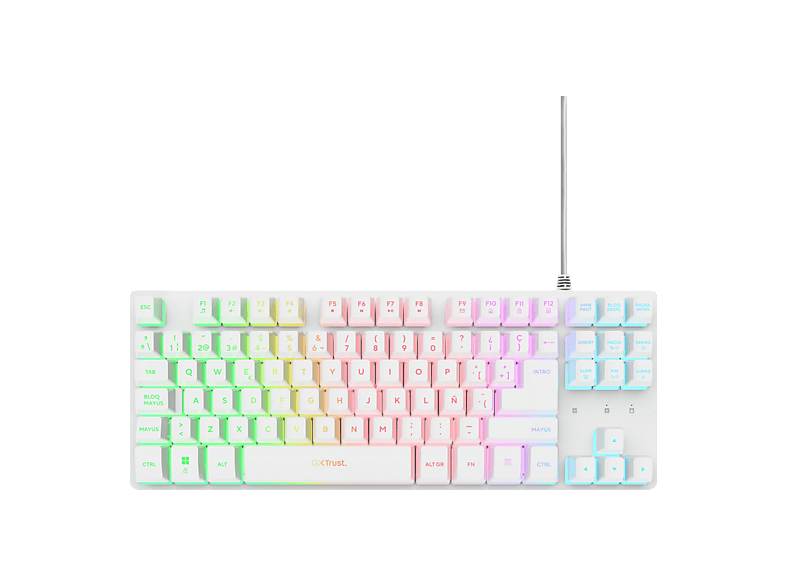 Teclado gaming - Trust GXT 833W, 1x USB, Cable, TKL compacto, Iluminación LED Multicolor, Anti-Ghosting, Blanco