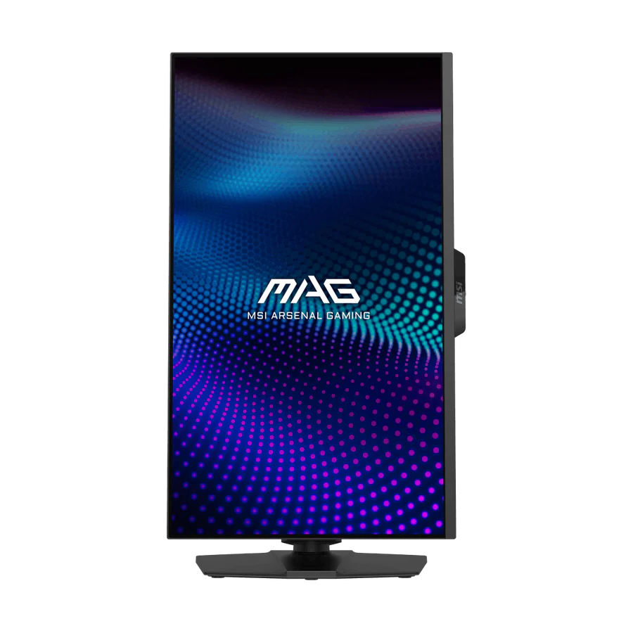 Un monitor de computadora negro que muestra un fondo degradado azul y púrpura con el logotipo 'MAG MSI ARSENAL GAMING'.