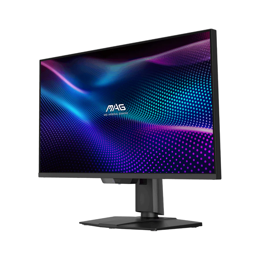 Un monitor de computadora con marco y soporte negros. La pantalla muestra un patrón de puntos azules y morados. La marca MAG es visible.