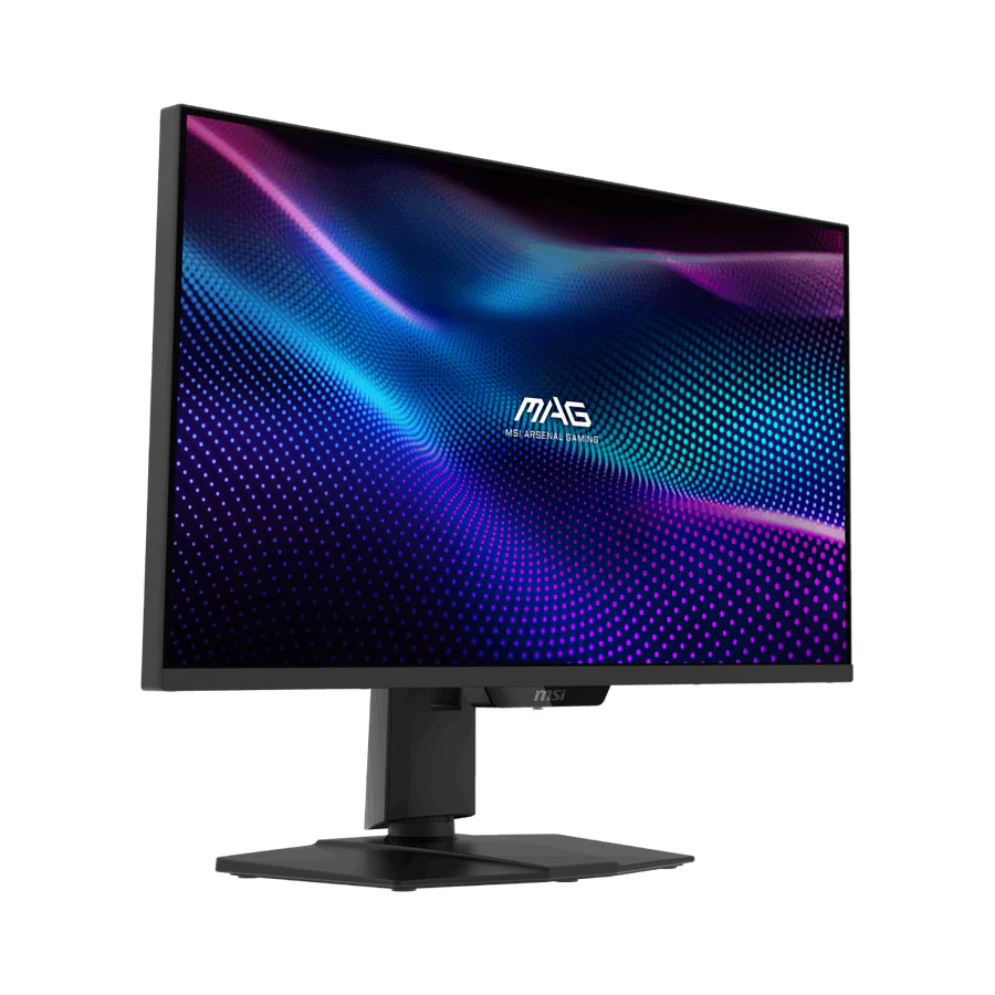 Un monitor de juegos MSI negro muestra un patrón abstracto azul y morado. El monitor está sobre un soporte negro.