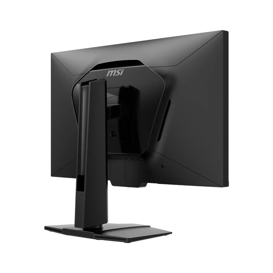Se muestra la parte trasera de un monitor MSI negro. Se ven el soporte y la base. El logotipo de MSI está en la parte superior.