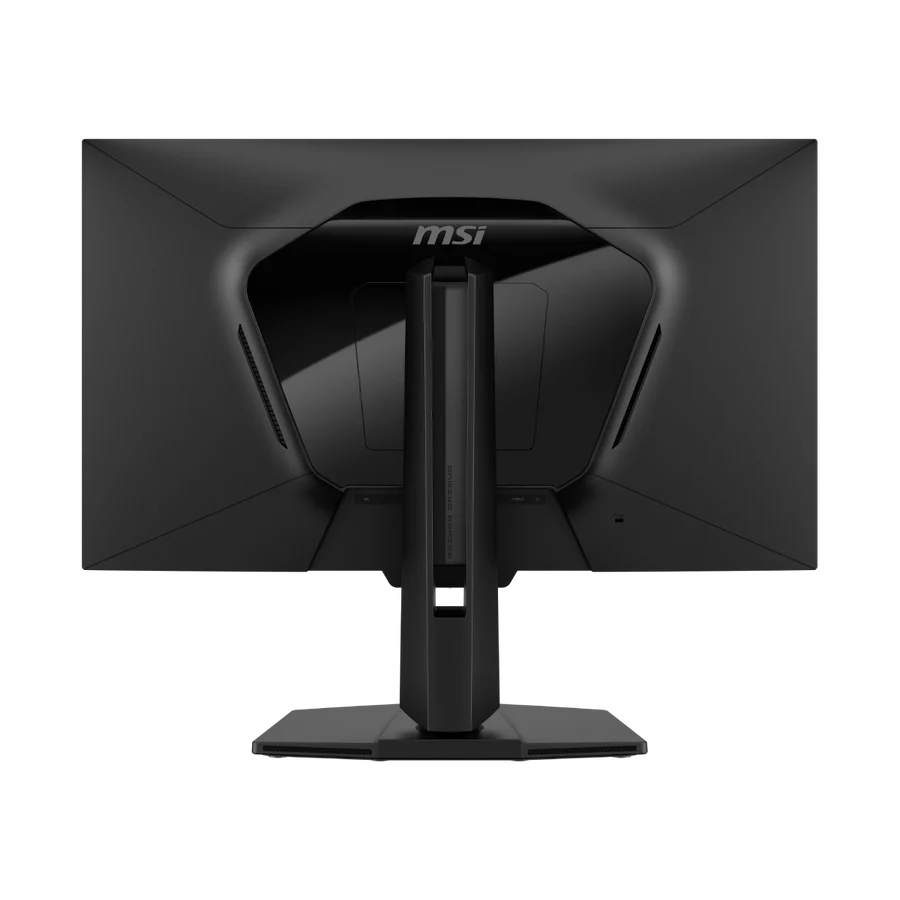 Se muestra la parte trasera de un monitor MSI negro. Se ven el soporte y el logotipo de MSI. El fondo es negro.