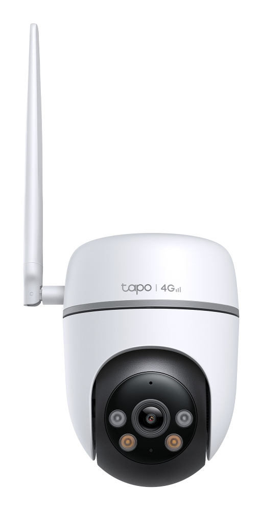 Cámara de vigilancia Tapo 4G blanca con antena. Lente negra y dos lentes más pequeños visibles.