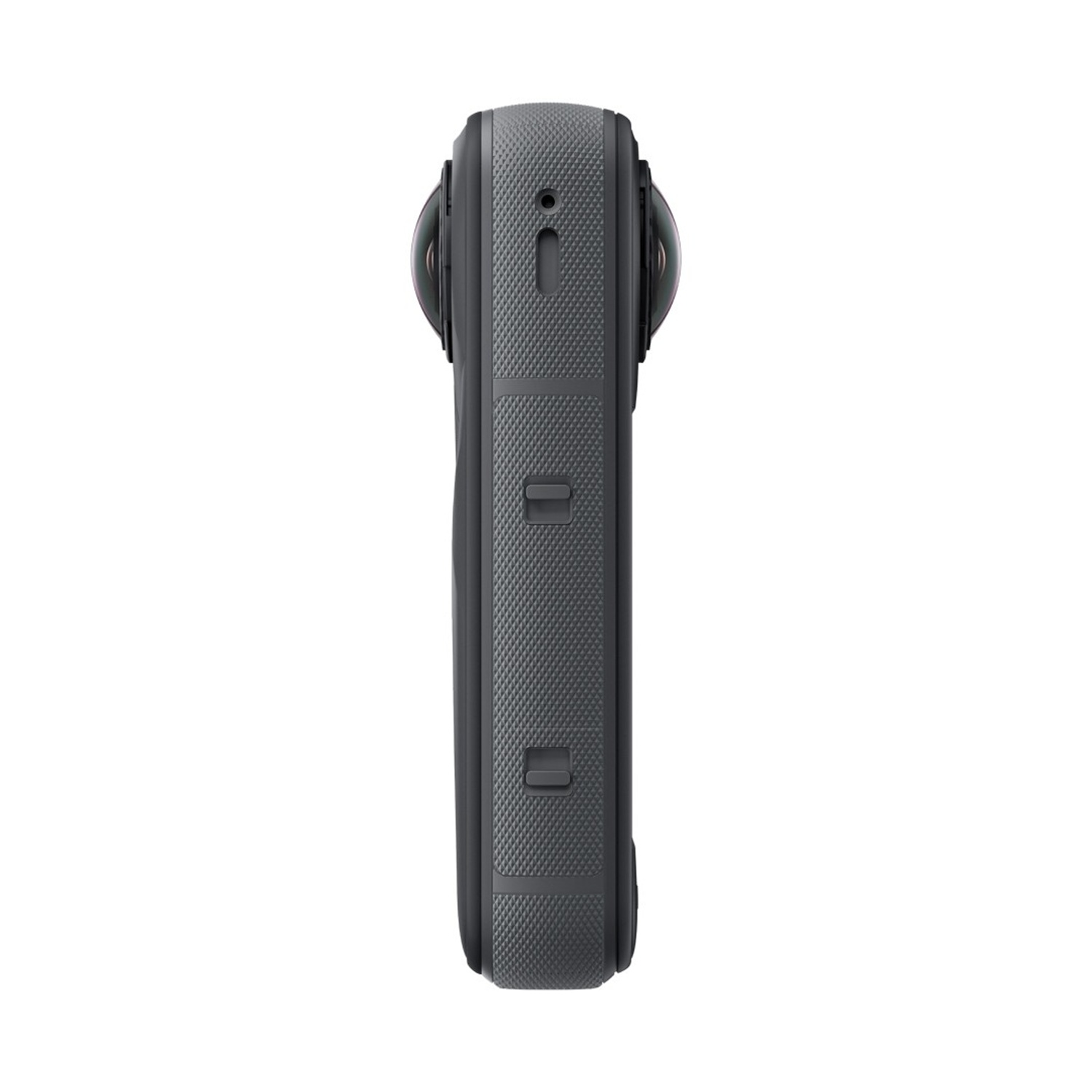 Una fotocamera grigia a 360 gradi, con due lenti. La fotocamera ha un corpo strutturato e si trova su uno sfondo bianco.