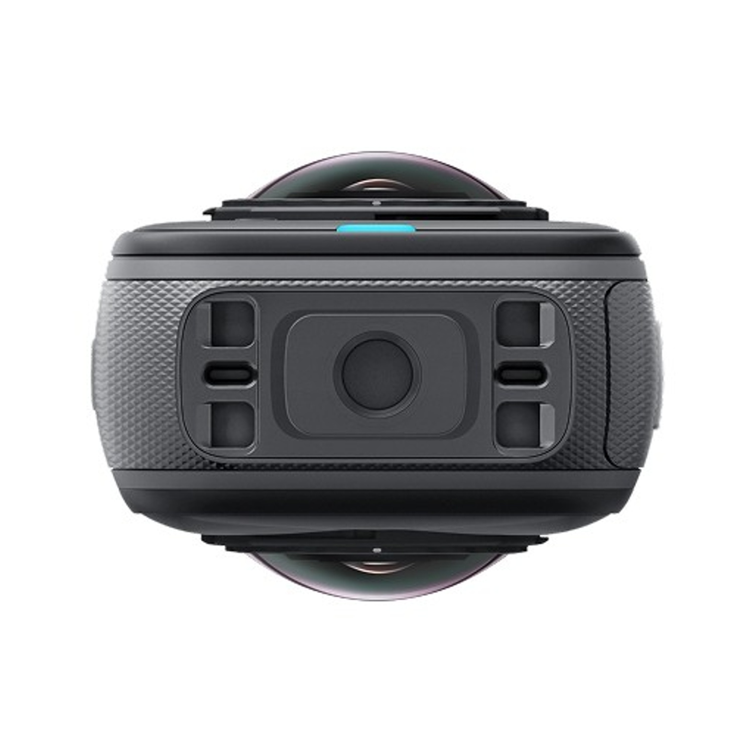 Una fotocamera nera a 360 gradi con due obiettivi, un pulsante e porte. La fotocamera è su sfondo bianco.