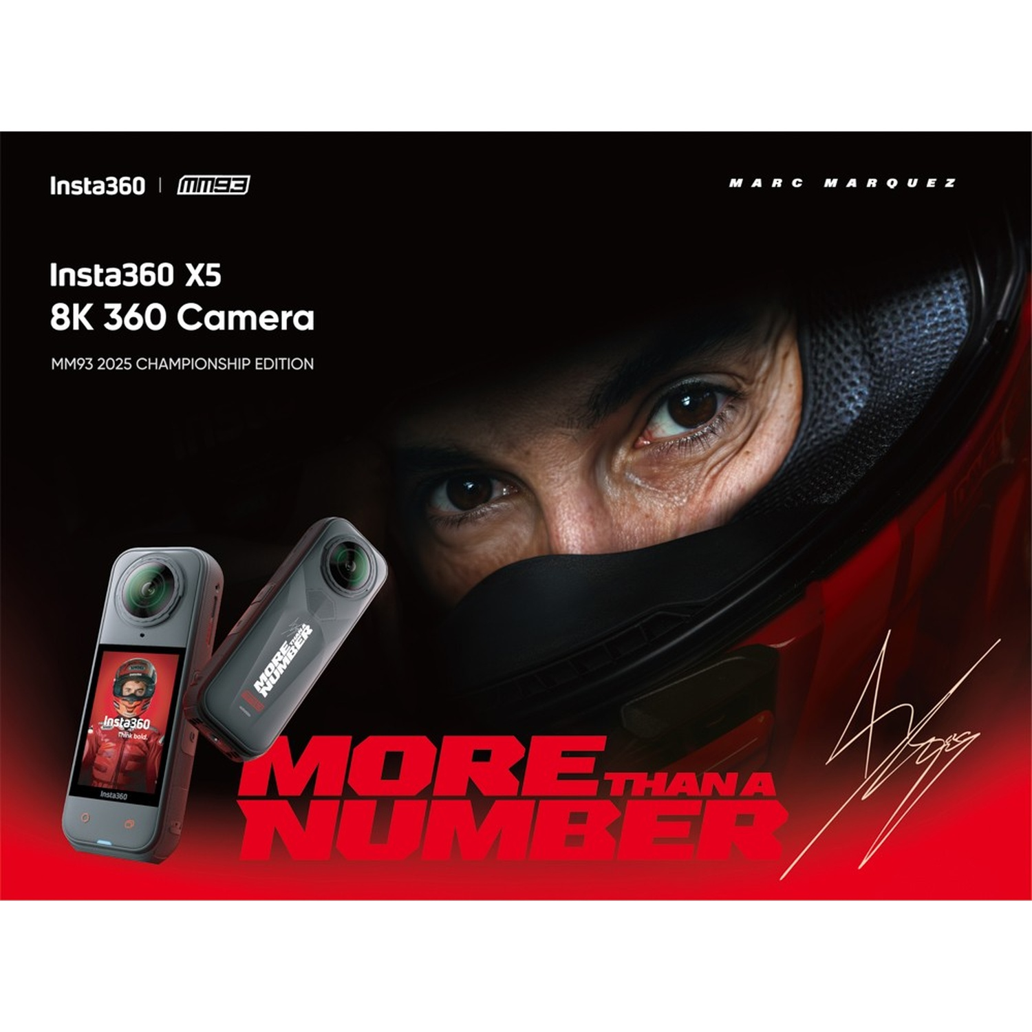 L'immagine mostra la fotocamera Insta360 X5, un casco e il volto di un corridore, e la scritta 'MORE THAN A NUMBER'. Firma in basso a destra.