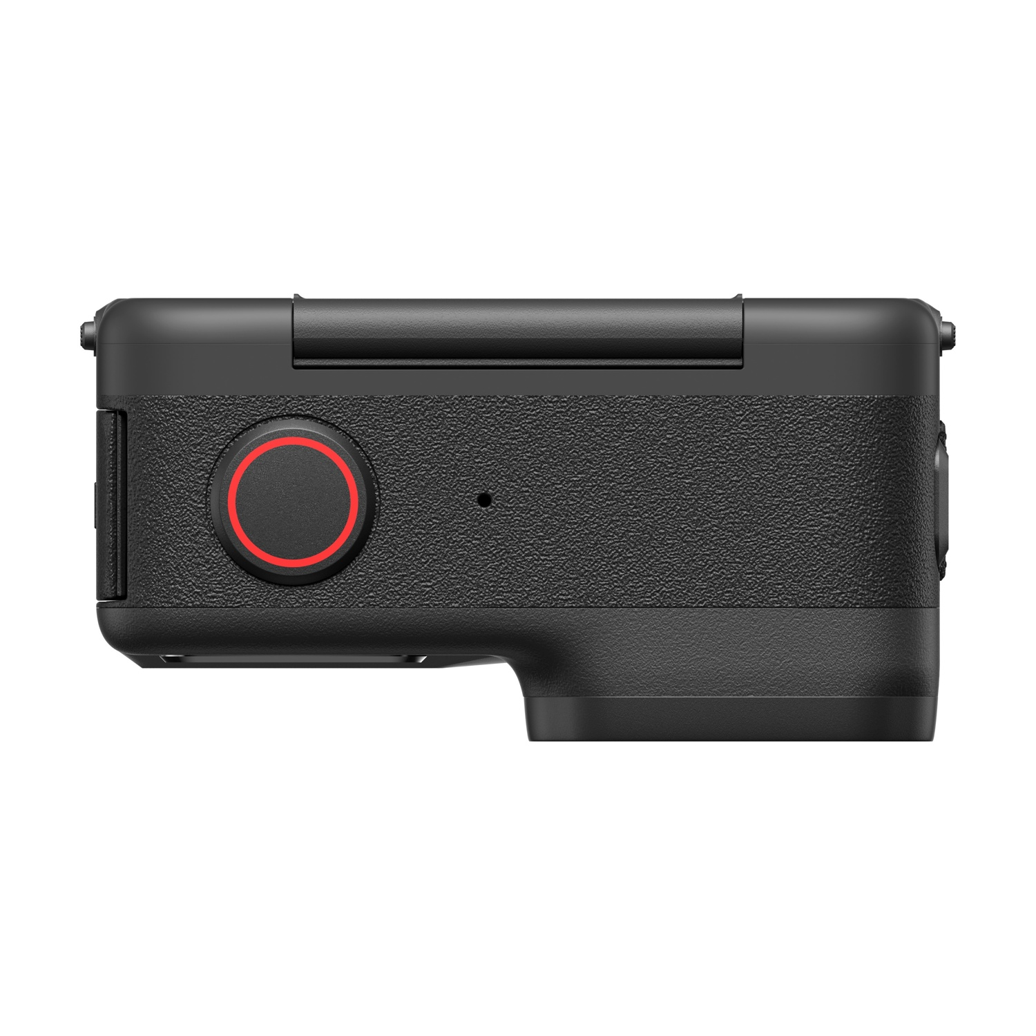 Una fotocamera nera con un pulsante con anello rosso. Il corpo macchina ha una superficie strutturata e un coperchio ribaltabile.