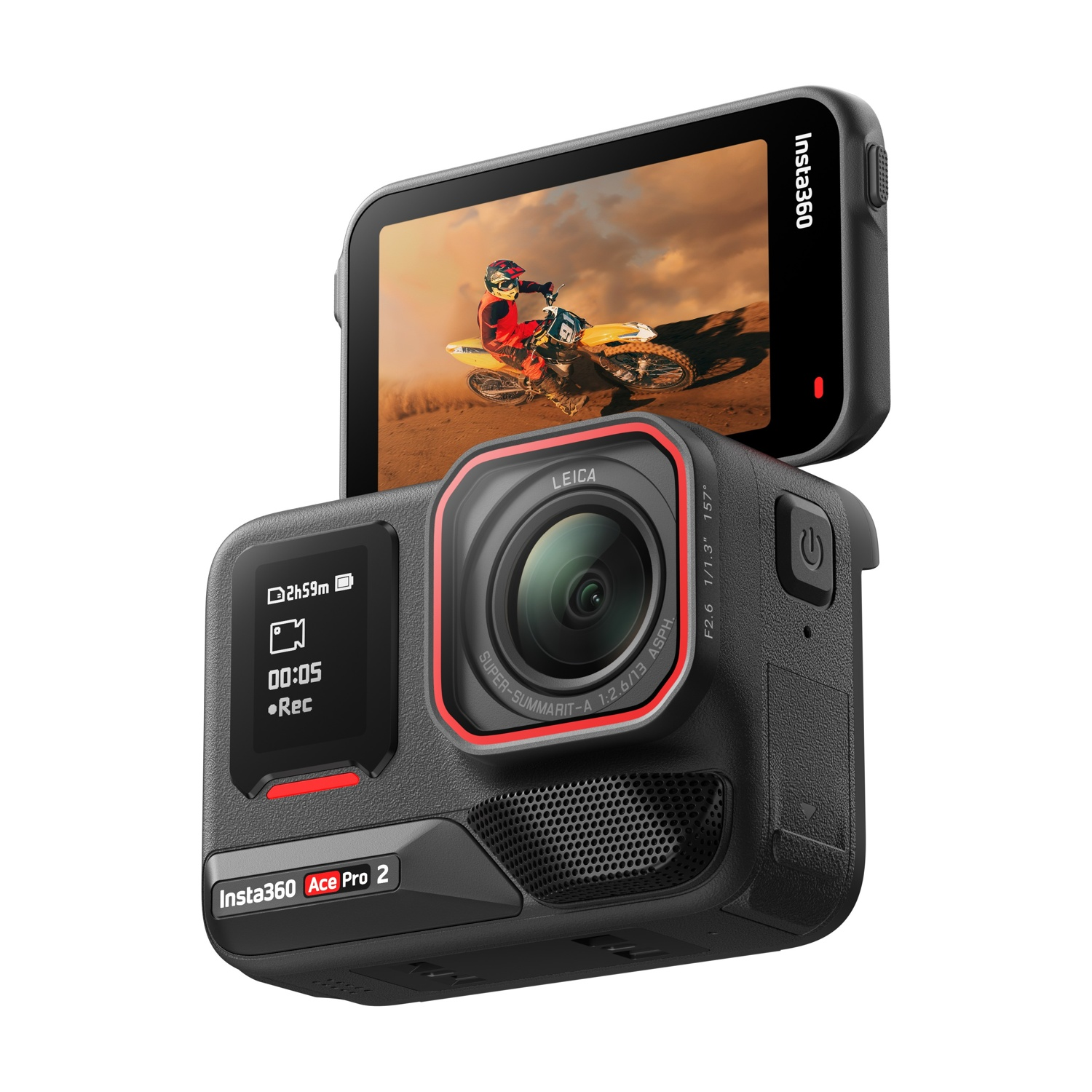 Fotocamera Insta360 Ace Pro 2. Mostra un pilota di motocross sullo schermo. Presenta obiettivo Leica, dettagli rossi e un piccolo schermo.