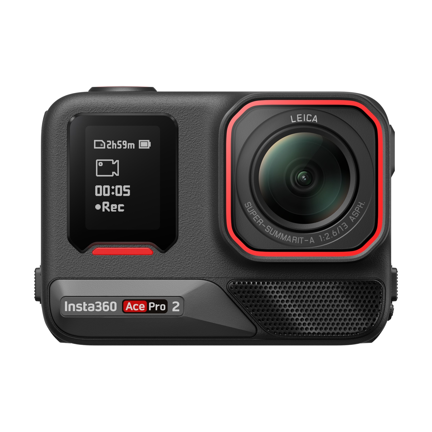 Fotocamera Insta360 Ace Pro 2 nera. Presenta un obiettivo Leica, uno schermo con tempo di registrazione e 'Rec'.