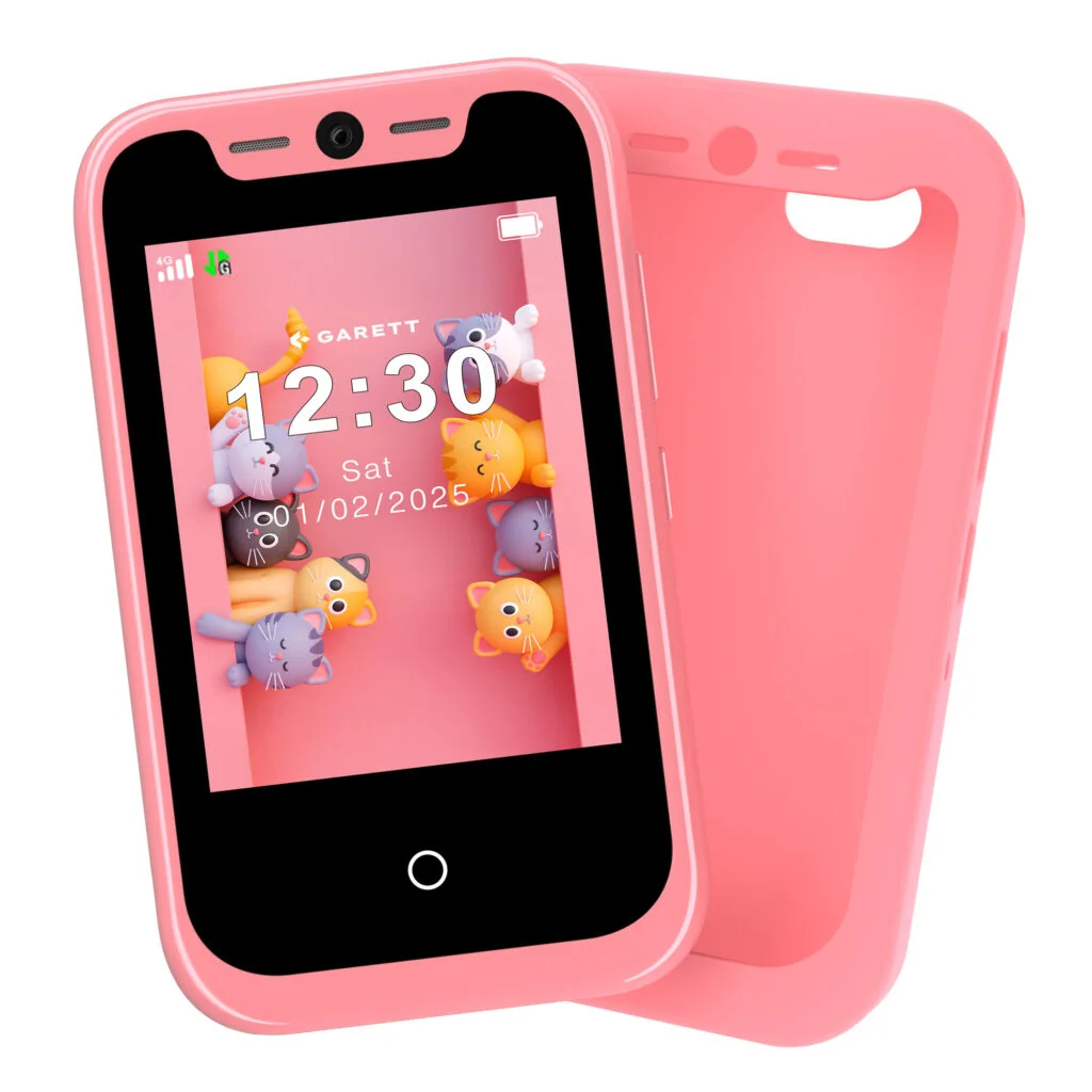 Różowy smartfon z etui, wyświetlający ekran z motywem kotów. Godzina 12:30. Koty w różnych kolorach.