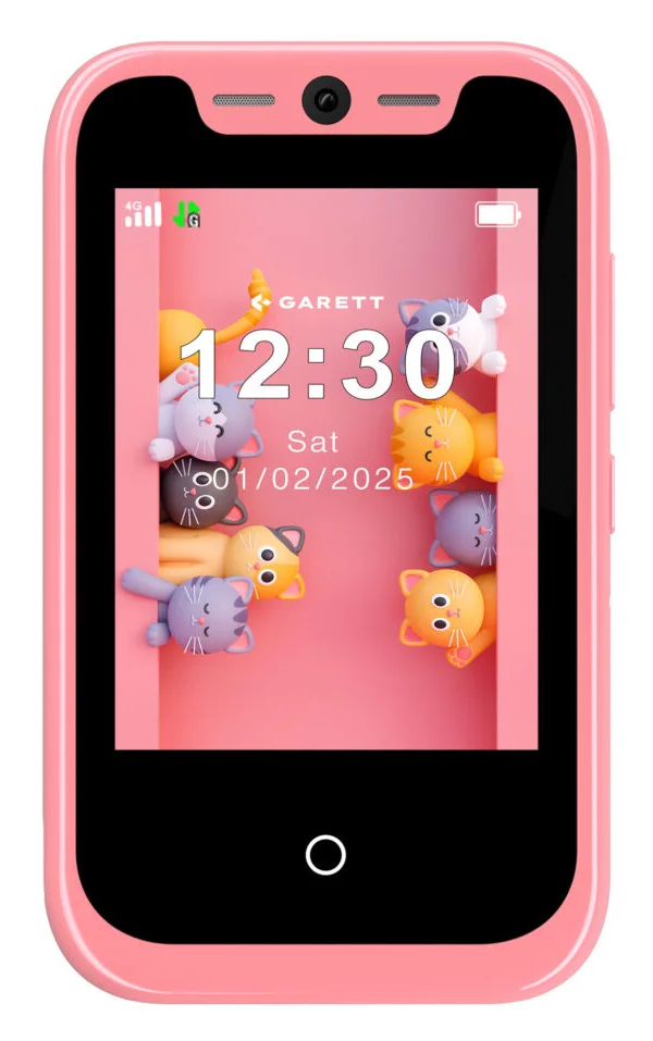 Różowy smartfon z wyświetlaczem z motywem kotów, pokazujący godzinę i datę. Ramka telefonu jest różowa, ekran czarny.
