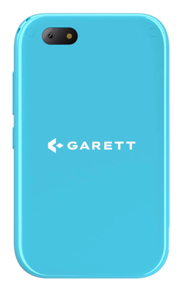 Turkusowy smartfon z aparatem, głośnikiem i białym logo "GARETT". Telefon jest jednokolorowy.