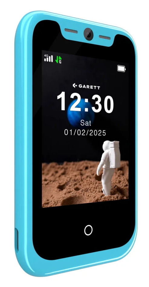 Niebieski telefon wyświetla scenę z astronautą na brązowej powierzchni, niebieską planetą i godziną 12:30.