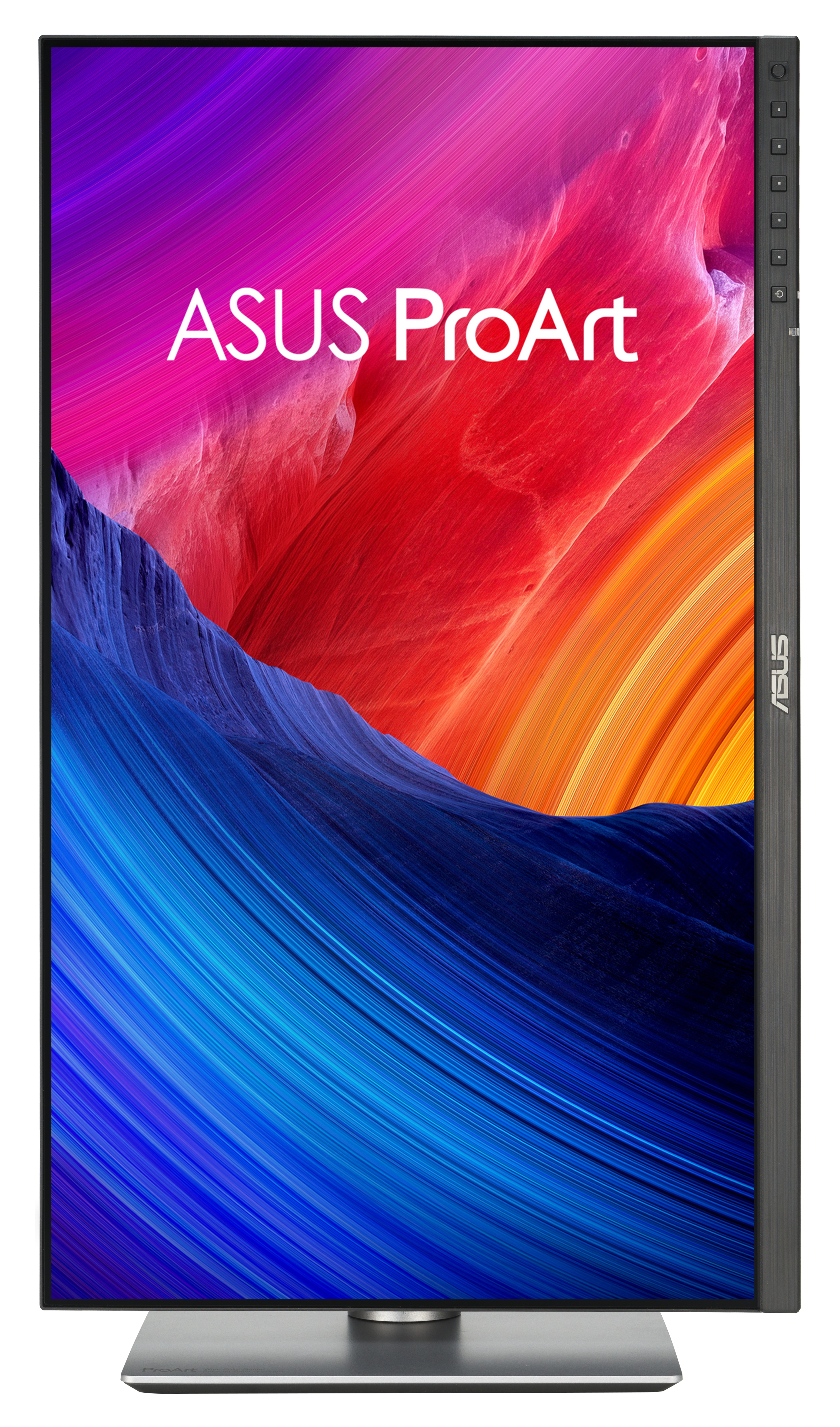 Monitor ASUS ProArt. Ekran wyświetla kolorowy, abstrakcyjny wzór. Monitor ma srebrną podstawę i ciemnoszarą ramkę.