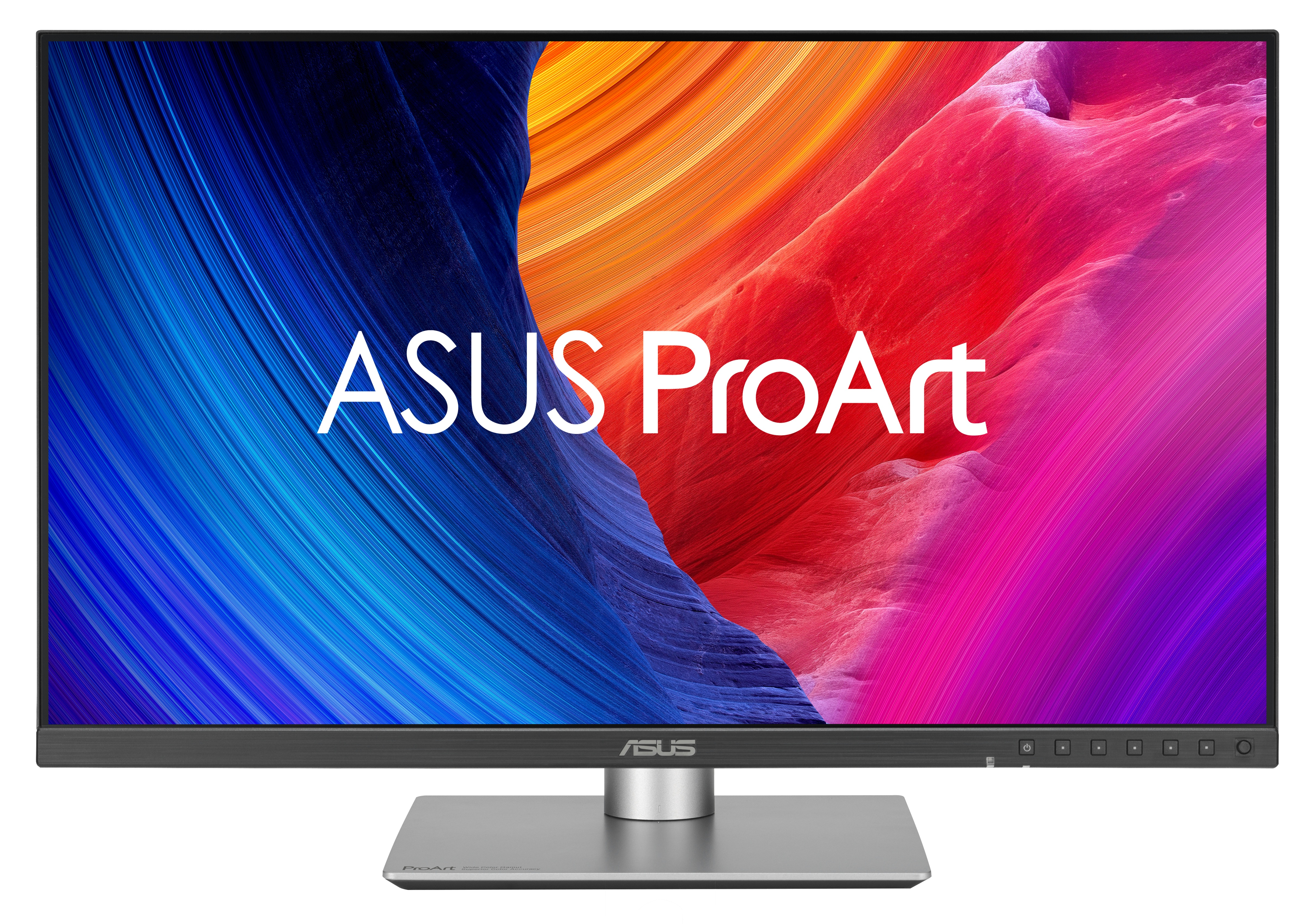 Monitor ASUS ProArt. Ekran wyświetla kolorowy, abstrakcyjny wzór. Monitor stoi na srebrnej podstawie.
