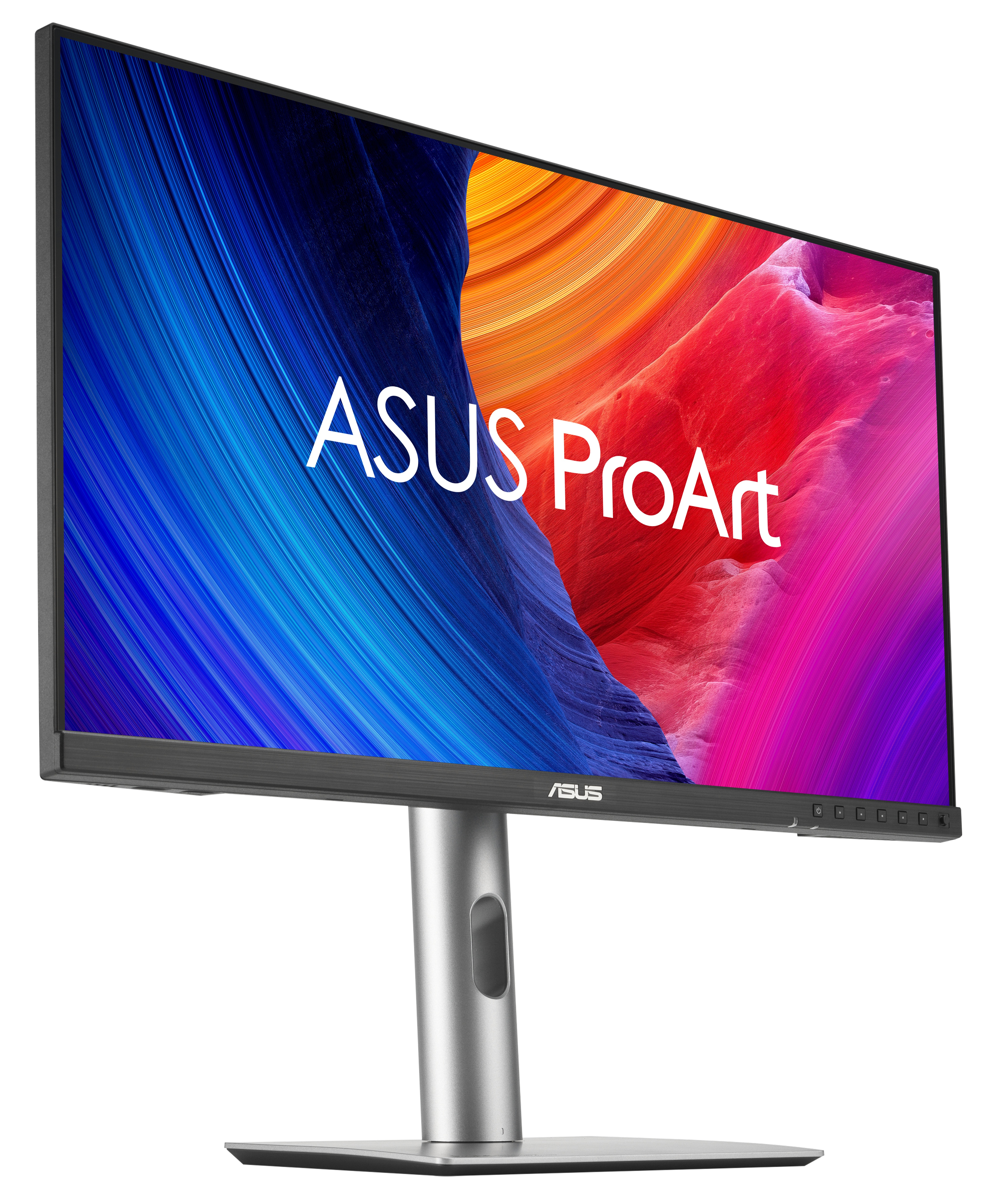 Monitor ASUS ProArt. Ekran wyświetla abstrakcyjną sztukę w kolorze niebieskim, pomarańczowym i czerwonym. Jest na srebrnej podstawce.