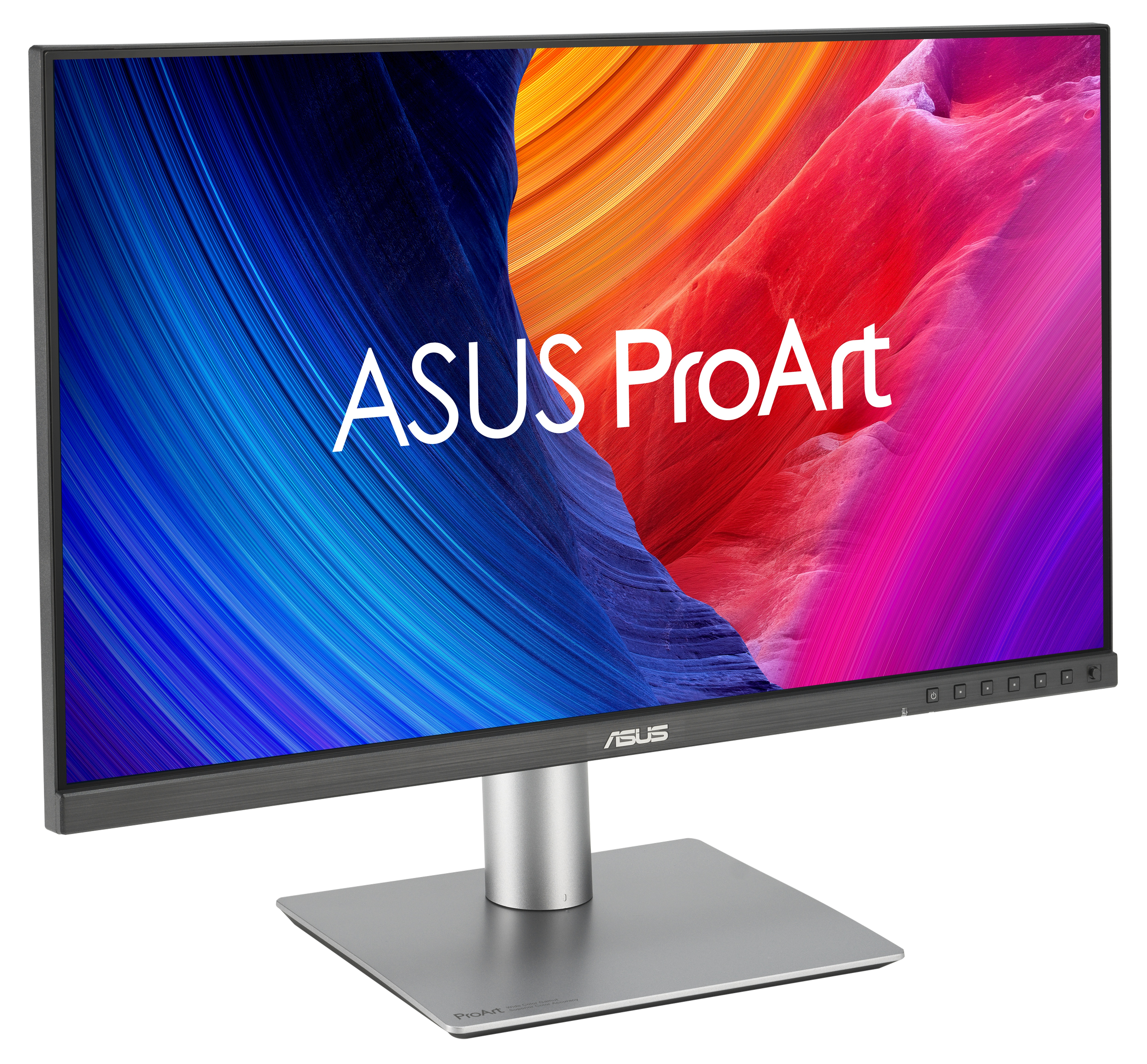 Monitor ASUS ProArt. Ekran wyświetla kolorowy, abstrakcyjny wzór. Monitor stoi na srebrnej podstawie.