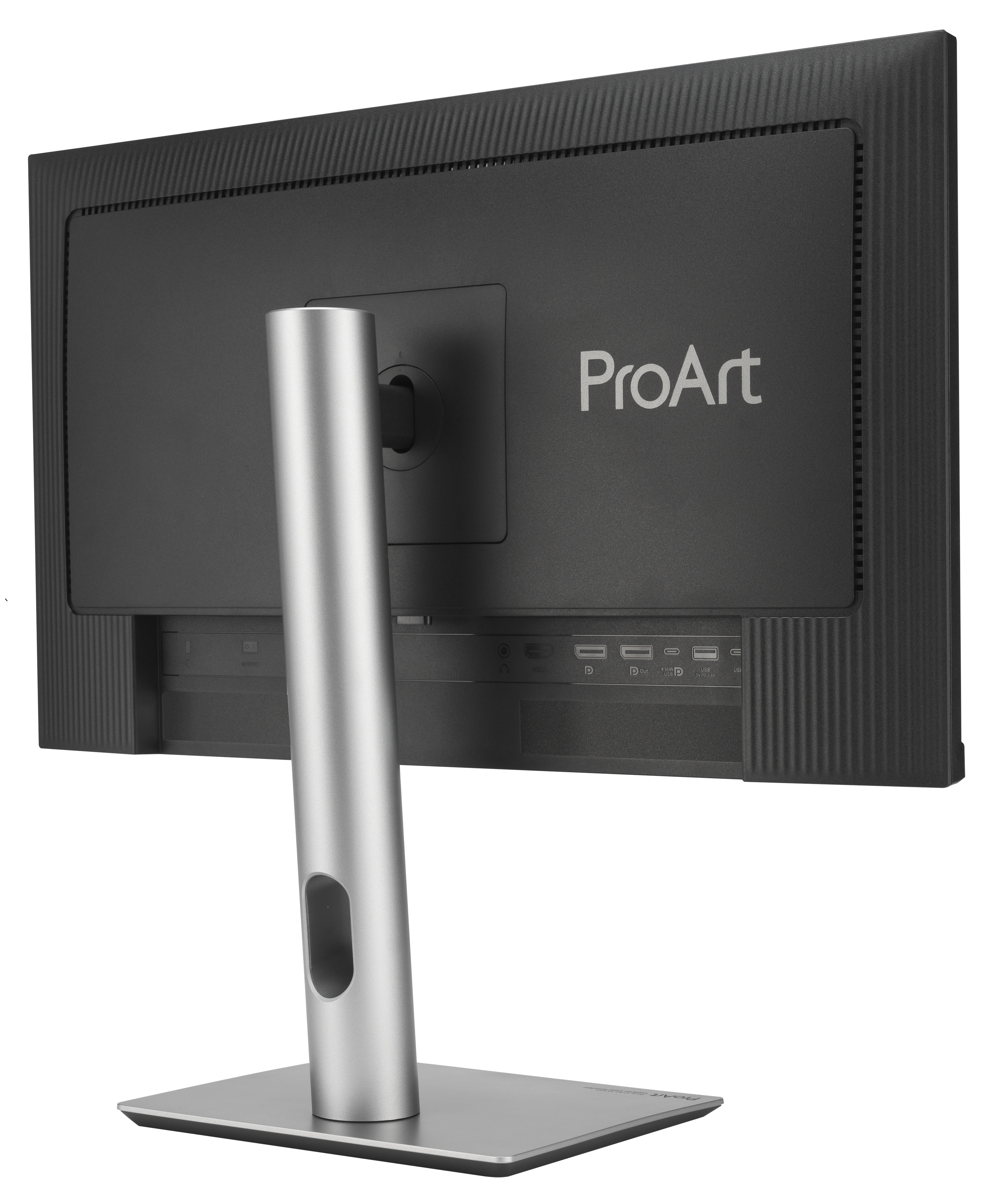 Wyświetlana jest tylna strona czarnego monitora ProArt. Ma srebrną podstawę i srebrną podstawę.