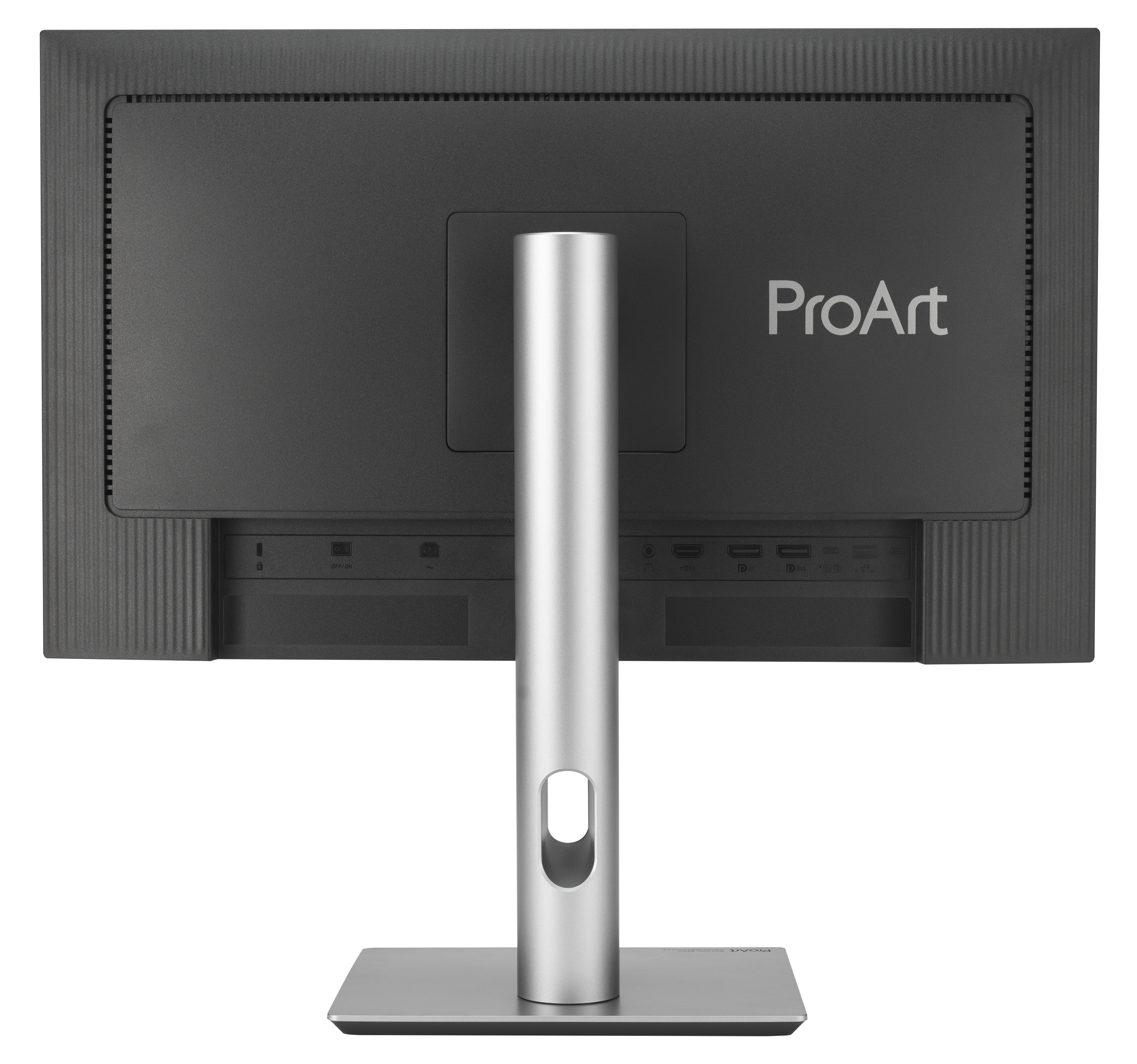 Tył czarnego monitora z logo ProArt, srebrną podstawą i różnymi portami.