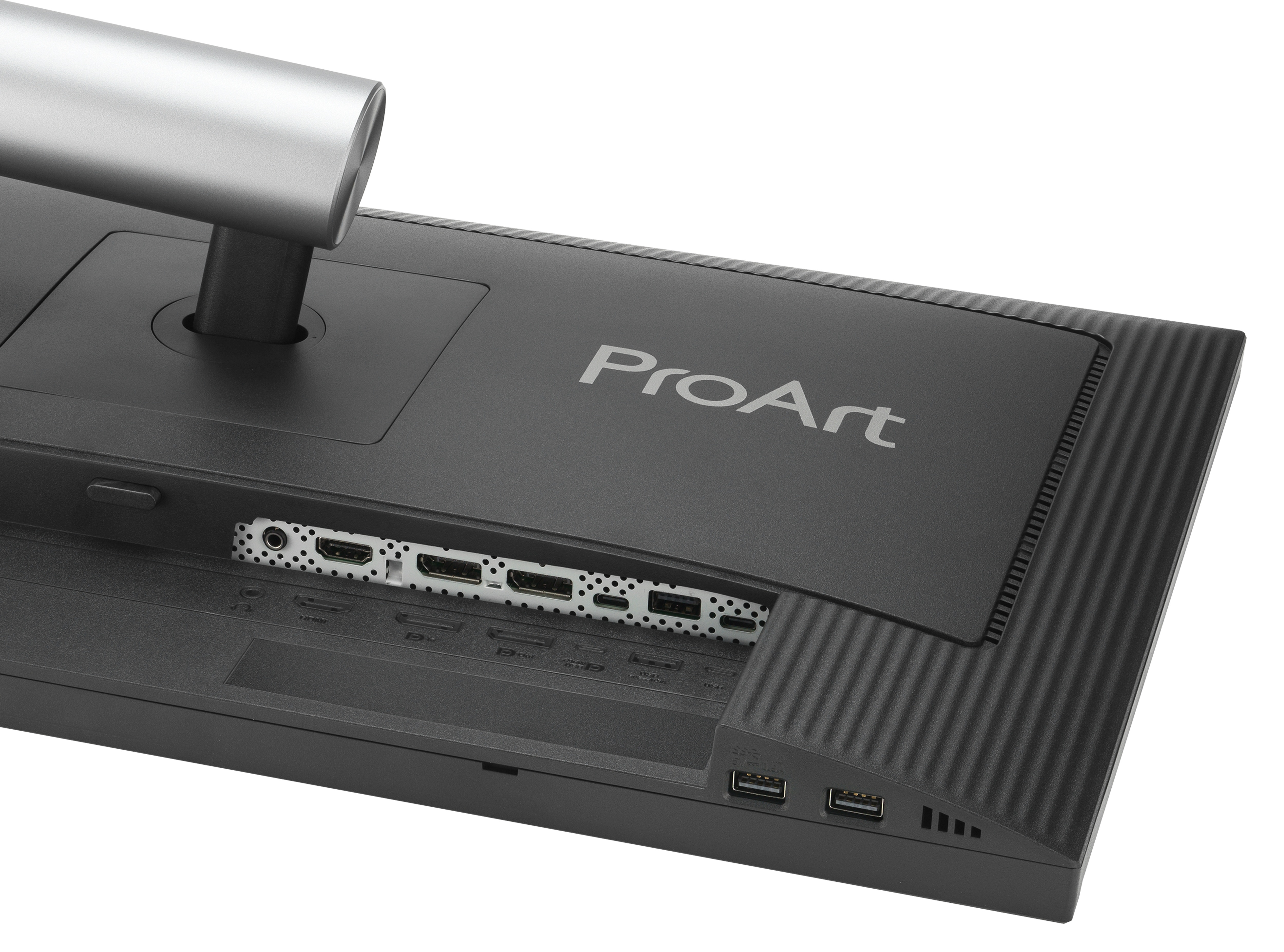 Tył czarnego monitora ProArt, z kilkoma portami i srebrną podstawką.