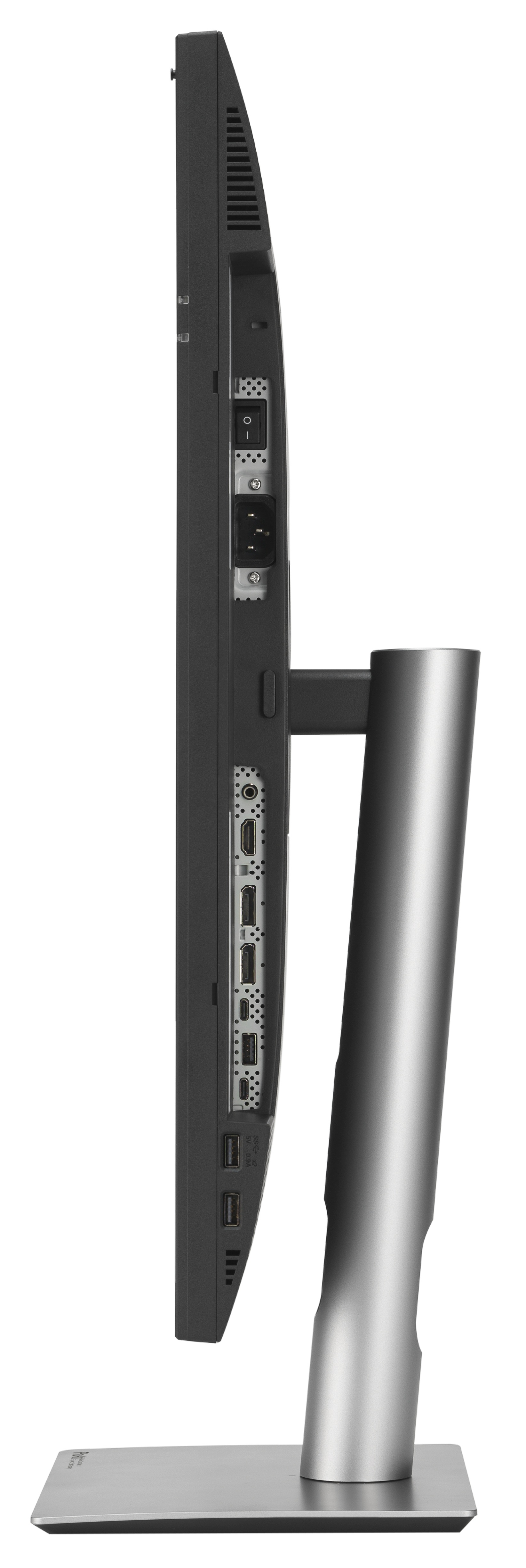 Widok z boku czarnego monitora z srebrną podstawą. Widoczne porty i przyciski zasilania.