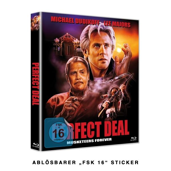 DVD-Cover für 'Perfect Deal'. Mit Michael Dudikoff und Lee Majors. Es hat einen blauen FSK 16-Aufkleber und die Worte 'Perfect Deal'.