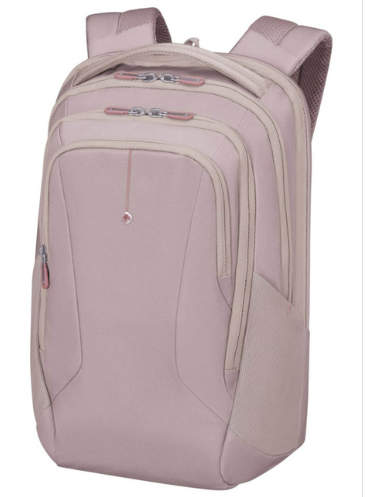 Jasnofioletowy plecak z wieloma przegródkami, zamkami błyskawicznymi i wyściełanymi paskami na ramiona, na białym tle.