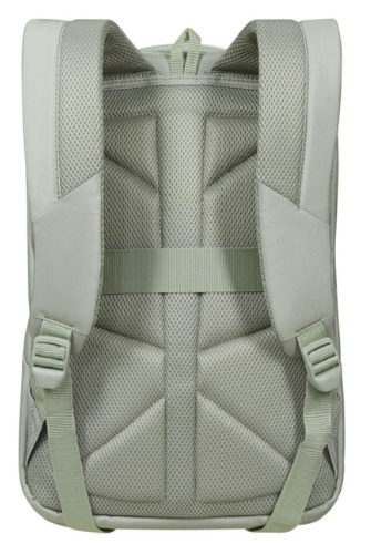 Tył jasnozielonego plecaka. Wyściełany panel tylny z siatką. Widoczne szelki i pasek piersiowy z plastikowymi klipsami.