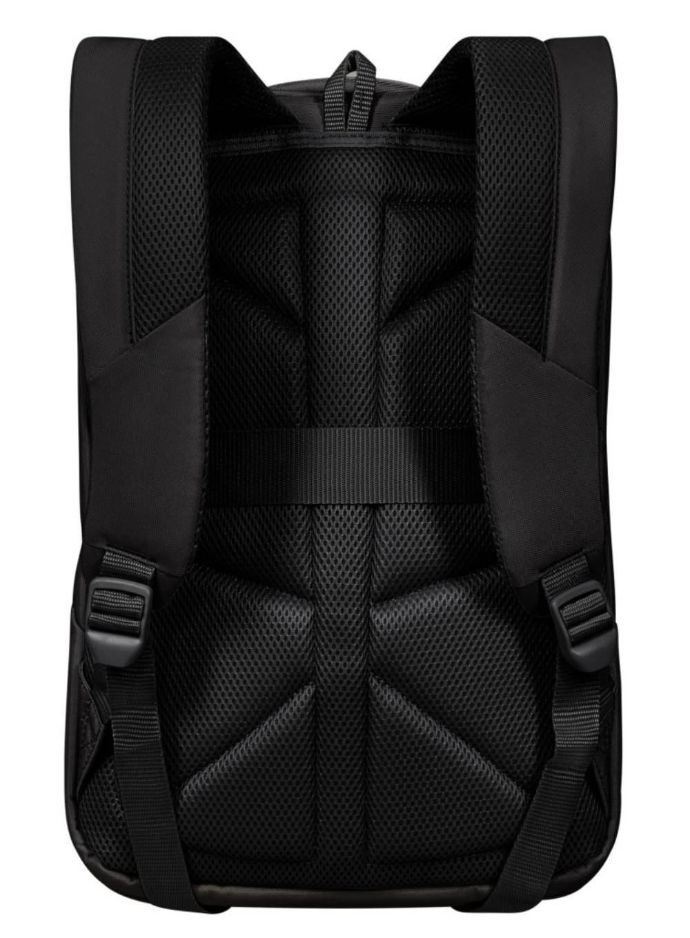 Widok z tyłu czarnego plecaka. Posiada siatkową wyściółkę, regulowane paski i górny uchwyt. Symetryczny i funkcjonalny.