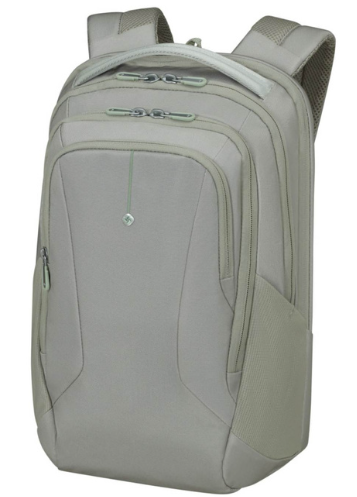 Beżowy plecak z wieloma przegródkami, zamkami błyskawicznymi i wyściełanymi paskami. Ma górny uchwyt i małe logo.