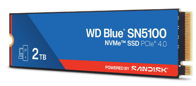 Dysk SSD WD Blue SN5100 NVMe, 2TB pojemności, kolory niebieski i czerwony. Ilustracje laptopa i serwera. Powered by SanDisk.