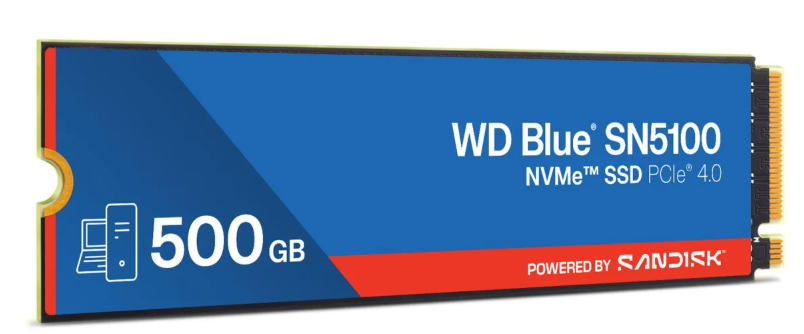 WD Blue SN5100 NVMe SSD. Niebieski i czerwony design. Zawiera 500 GB. Powered by SanDisk.