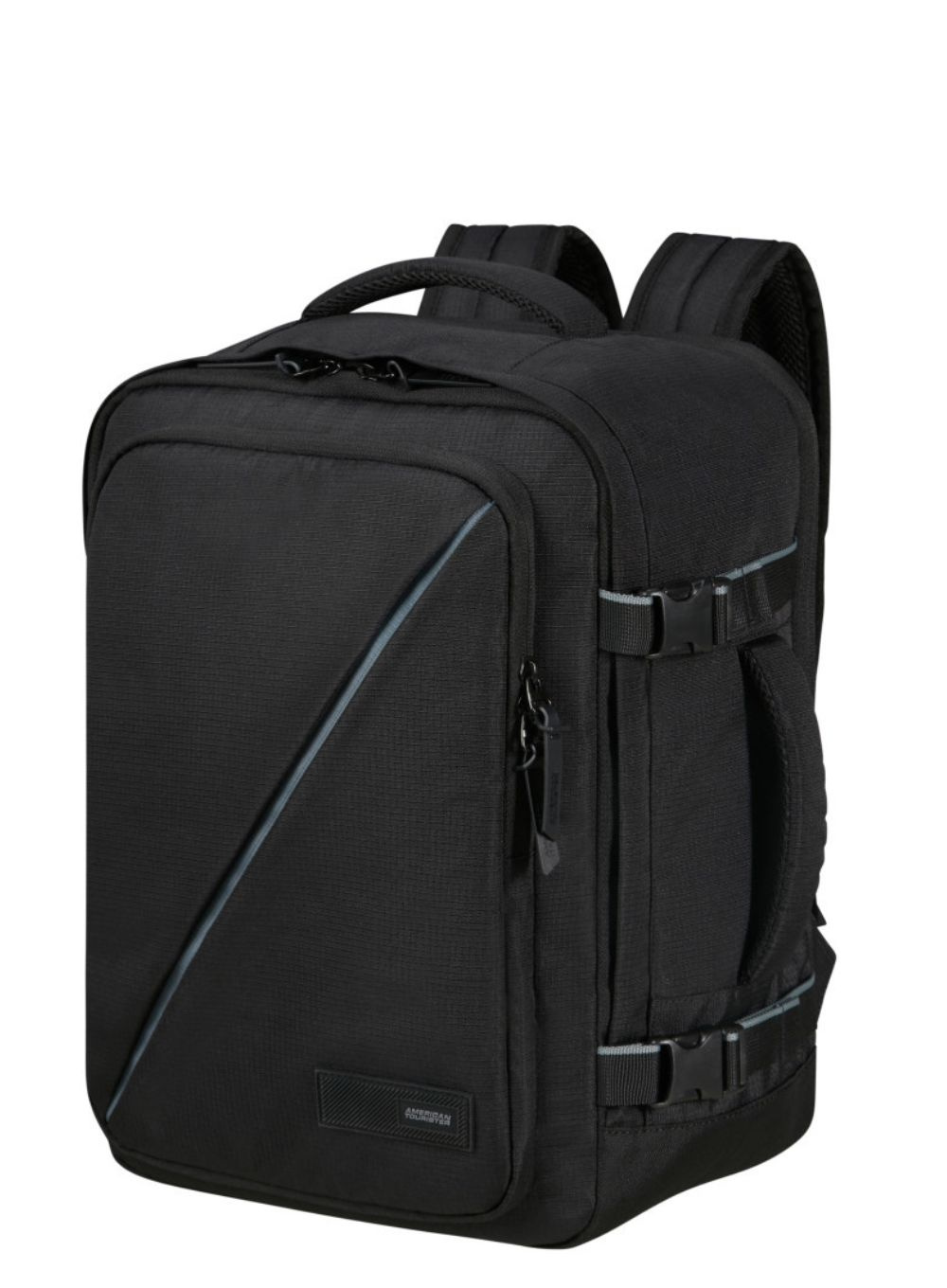 Czarny plecak Samsonite. Posiada ukośną, jasnoniebieską linię akcentującą, wiele przegródek i klamer. Uchwyt u góry.