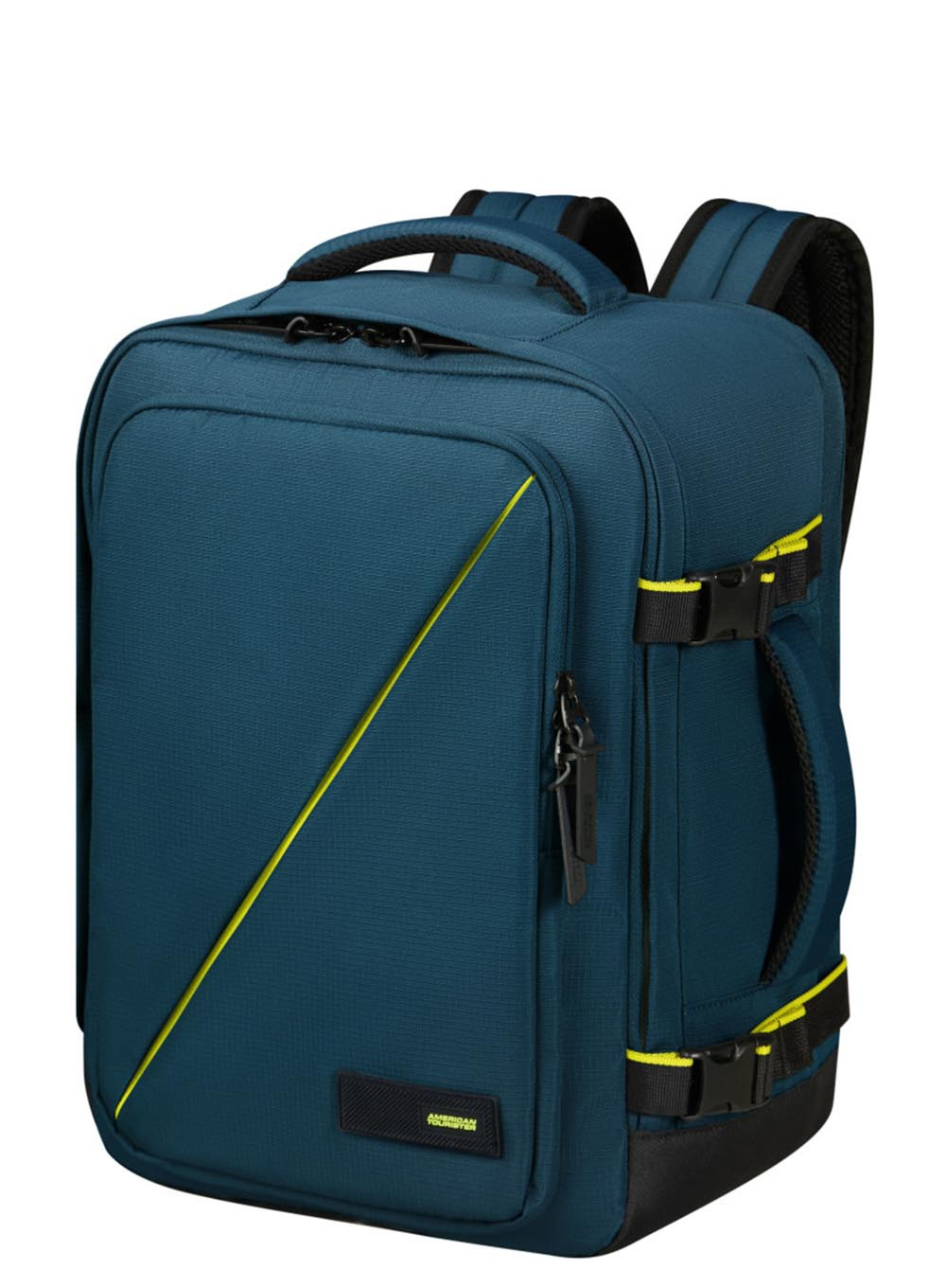 Turkusowy plecak z czarnymi akcentami, żółtymi wykończeniami i żółtym, ukośnym paskiem. Posiada uchwyty i klamry.