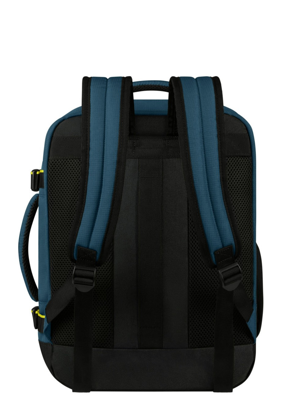 Plecak, turkusowy i czarny. Paski, panel tylny i podstawa są czarne. Turkusowy materiał z przodu i na paskach. Uchwyt u góry.