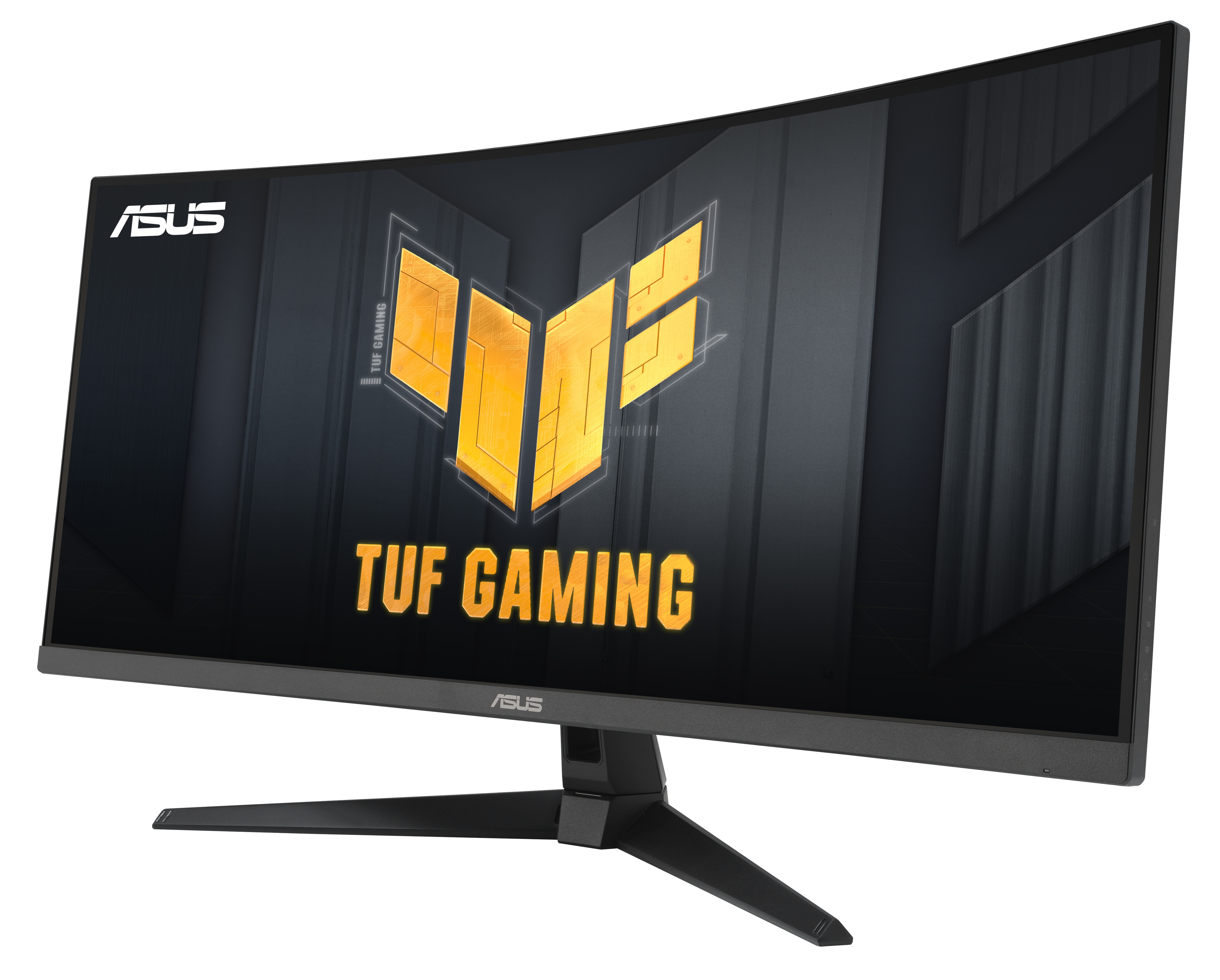 Zakrzywiony monitor ASUS TUF Gaming. Czarna ramka, stojak. Ekran wyświetla logo i tekst.