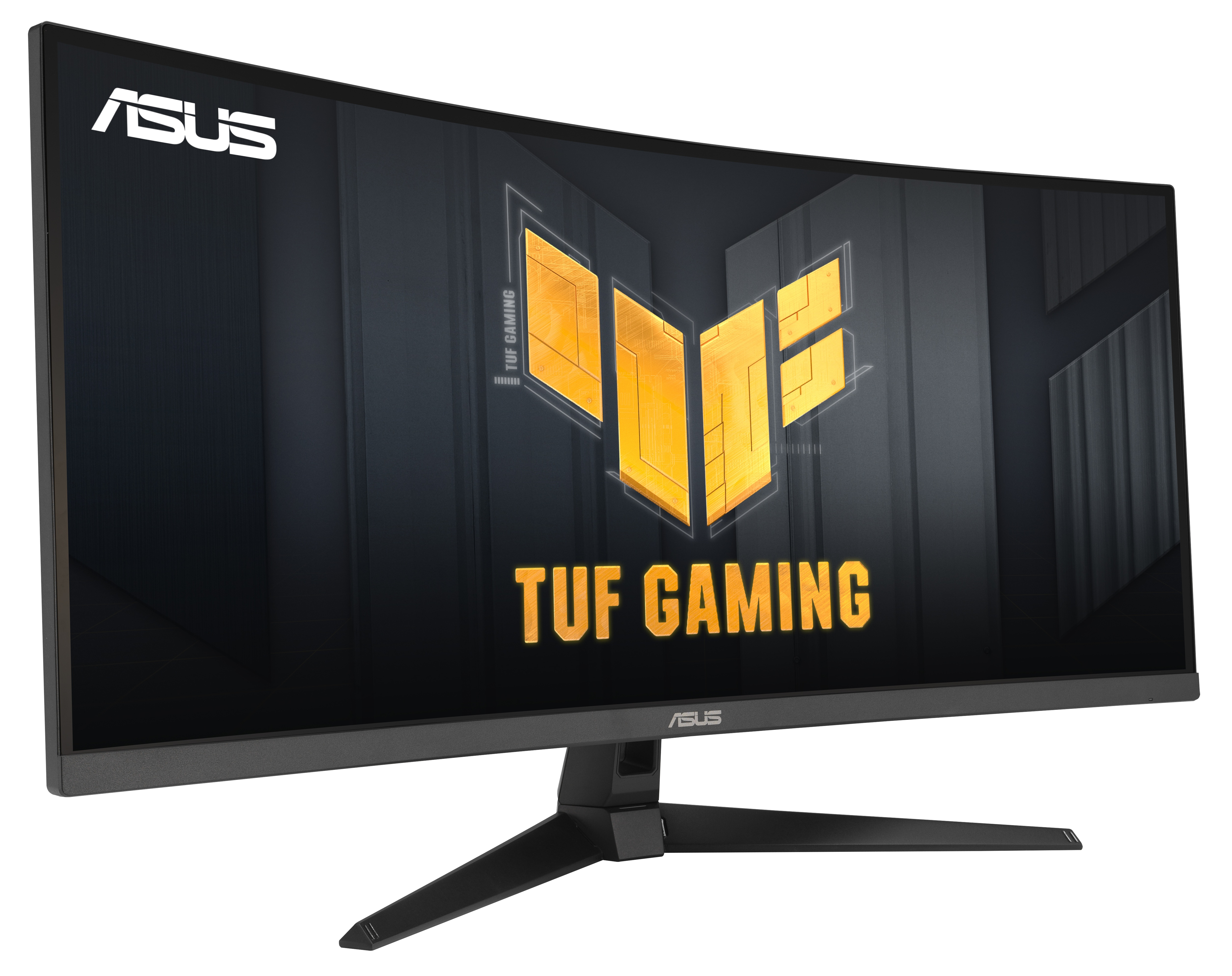 Zakrzywiony monitor do gier z logo ASUS, logo TUF GAMING w kolorze żółtym i czarną podstawą.