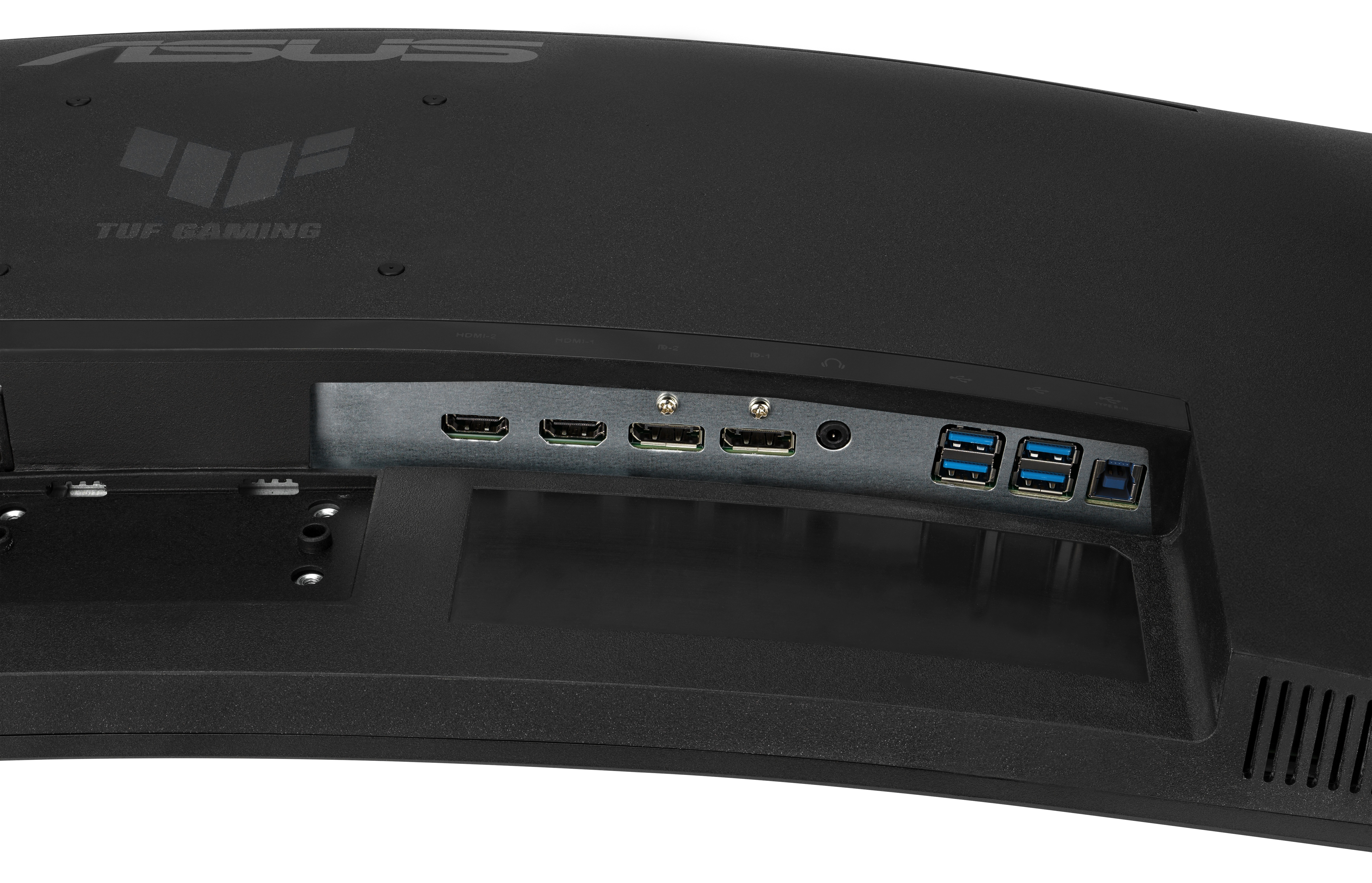 Czarny tył monitora z portami. Widoczne logo ASUS i TUF GAMING. Porty: HDMI, DisplayPort, USB i gniazdo audio.