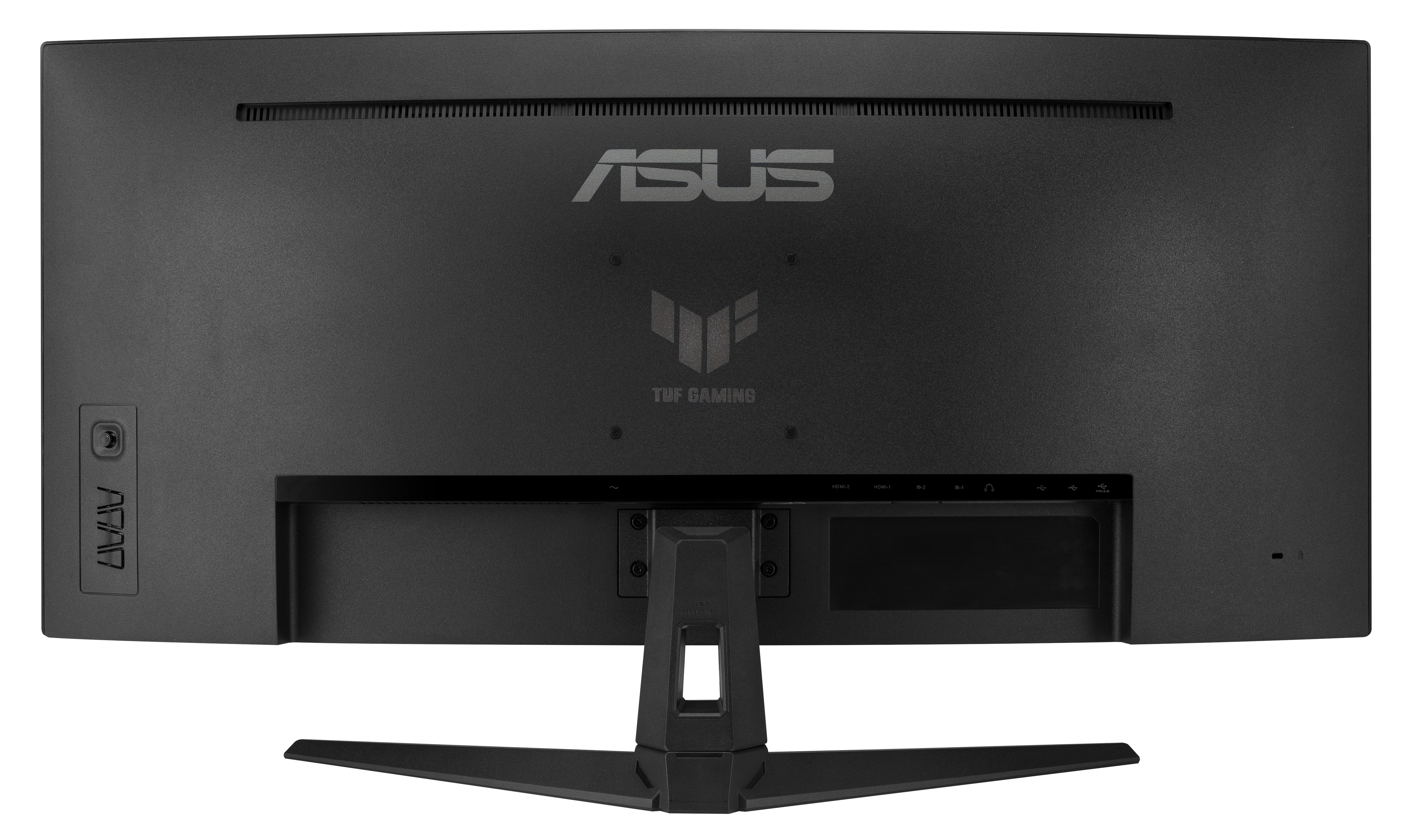 Widoczny jest tył czarnego monitora ASUS TUF Gaming. Widoczne są logo i porty.