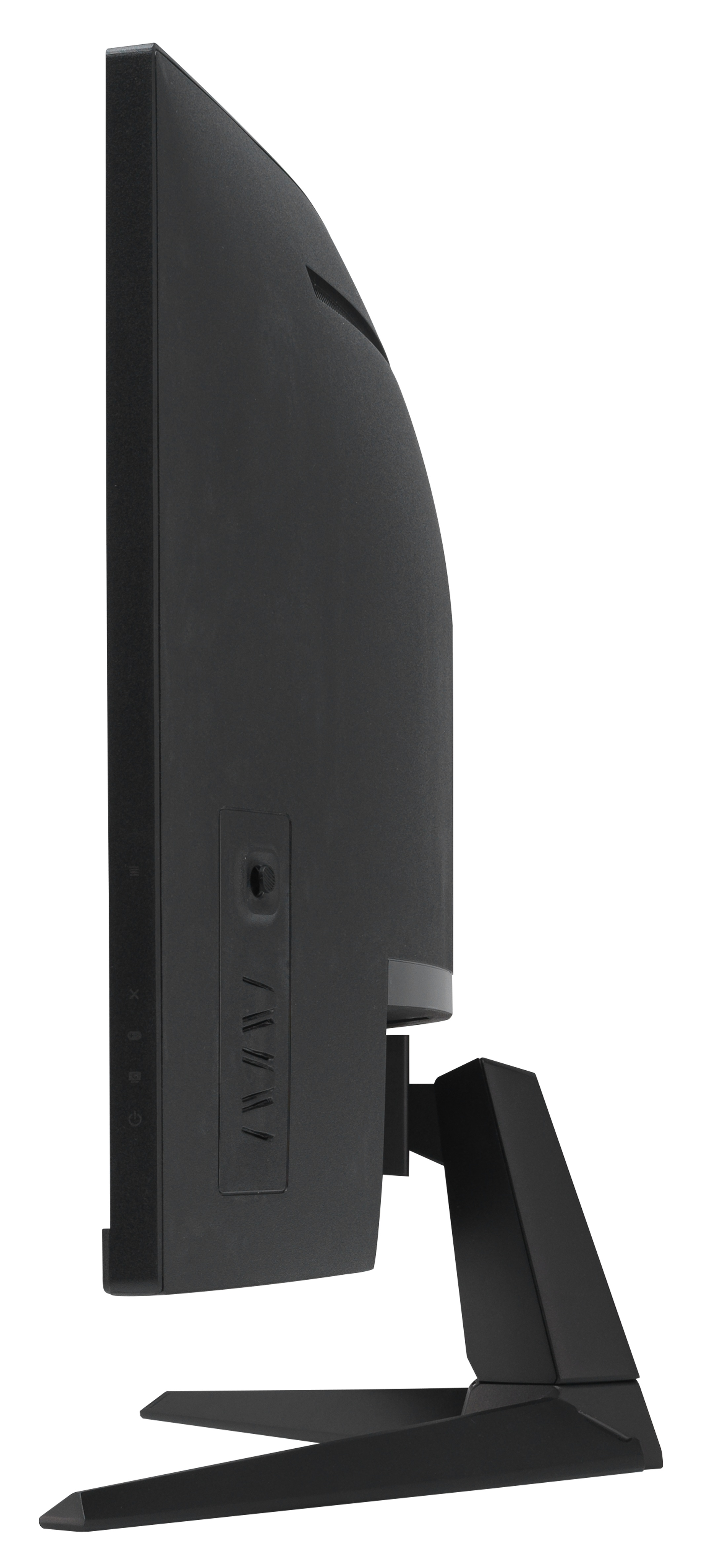 Widok z boku czarnego monitora komputera. Ma zakrzywione plecy i podstawę. Tło jest białe.
