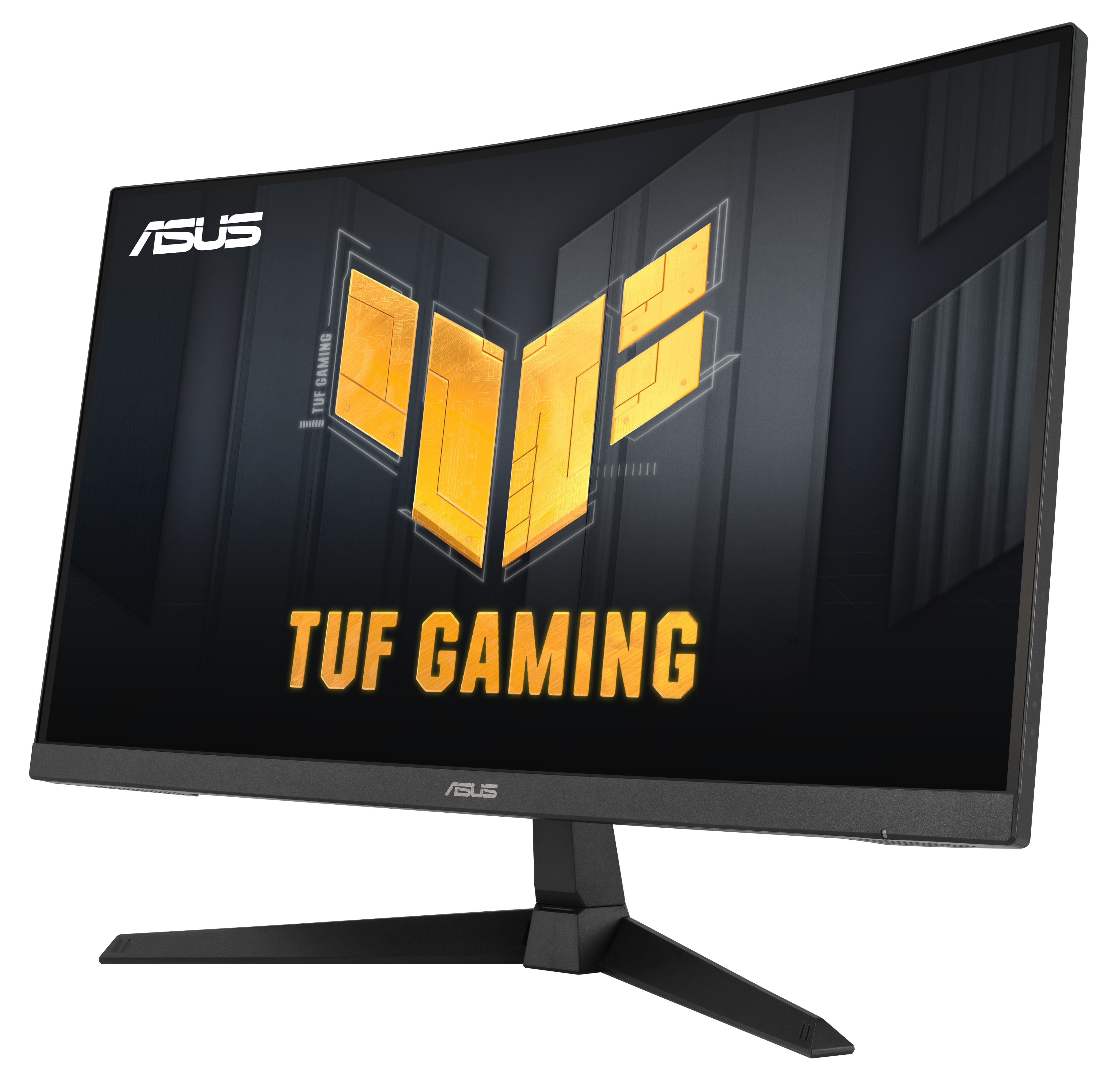 Zakrzywiony czarny monitor ASUS TUF Gaming wyświetla logo, z czarną podstawą i stojakiem, na białym tle.