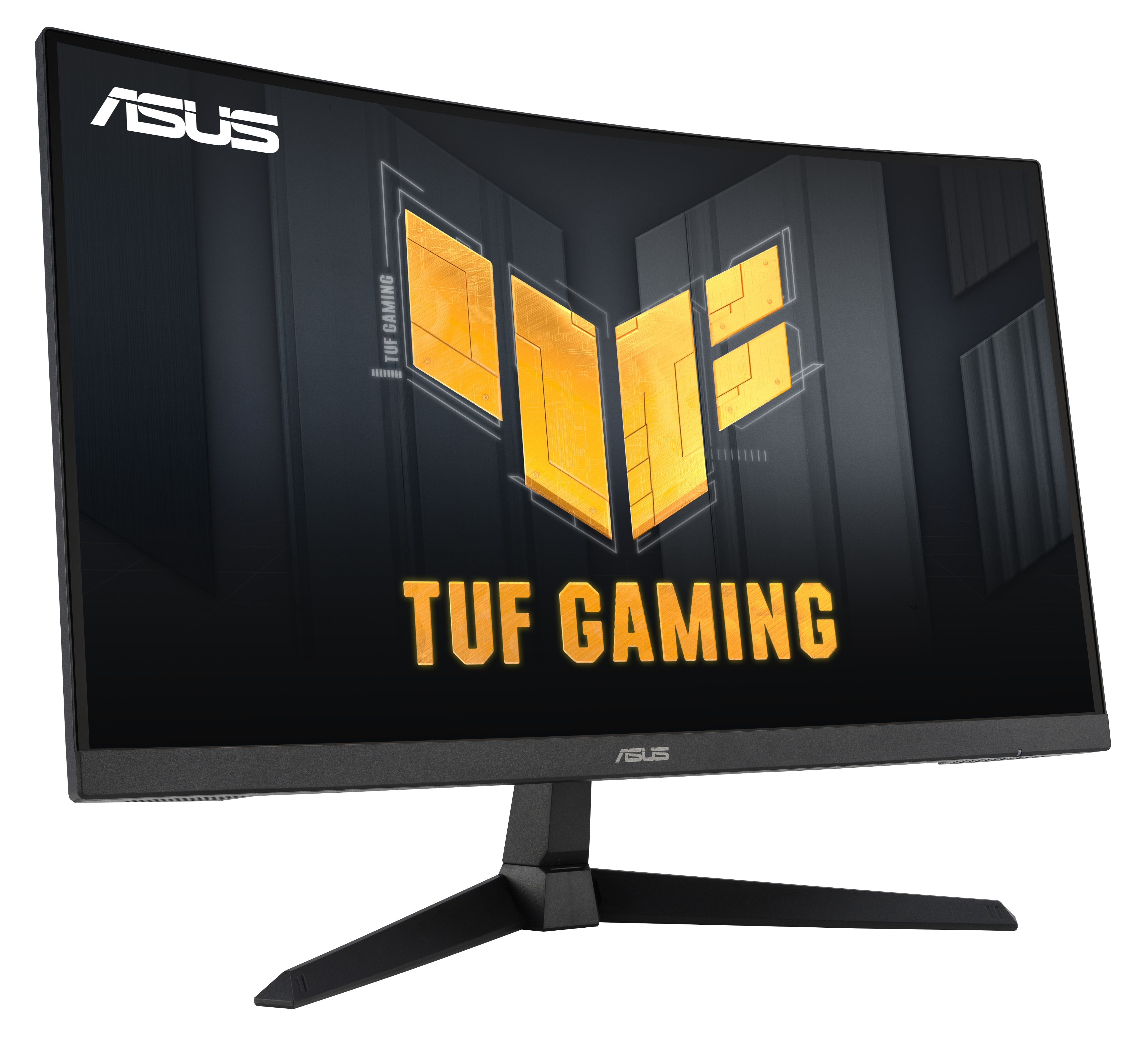 Zakrzywiony monitor ASUS TUF Gaming. Czarna ramka, stojak i podstawa. Wyświetlacz pokazuje logo TUF Gaming w kolorze złota i czerni.