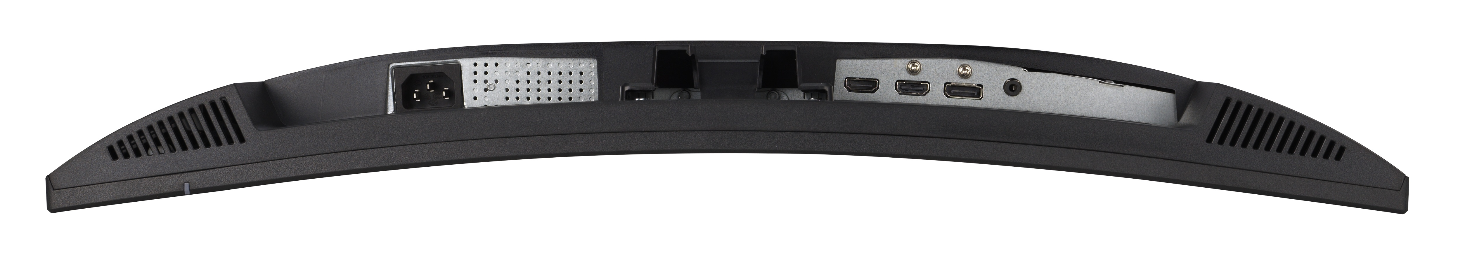 Tył zakrzywionego czarnego monitora z widocznymi portami zasilania, HDMI i innymi. Monitor na białym tle.