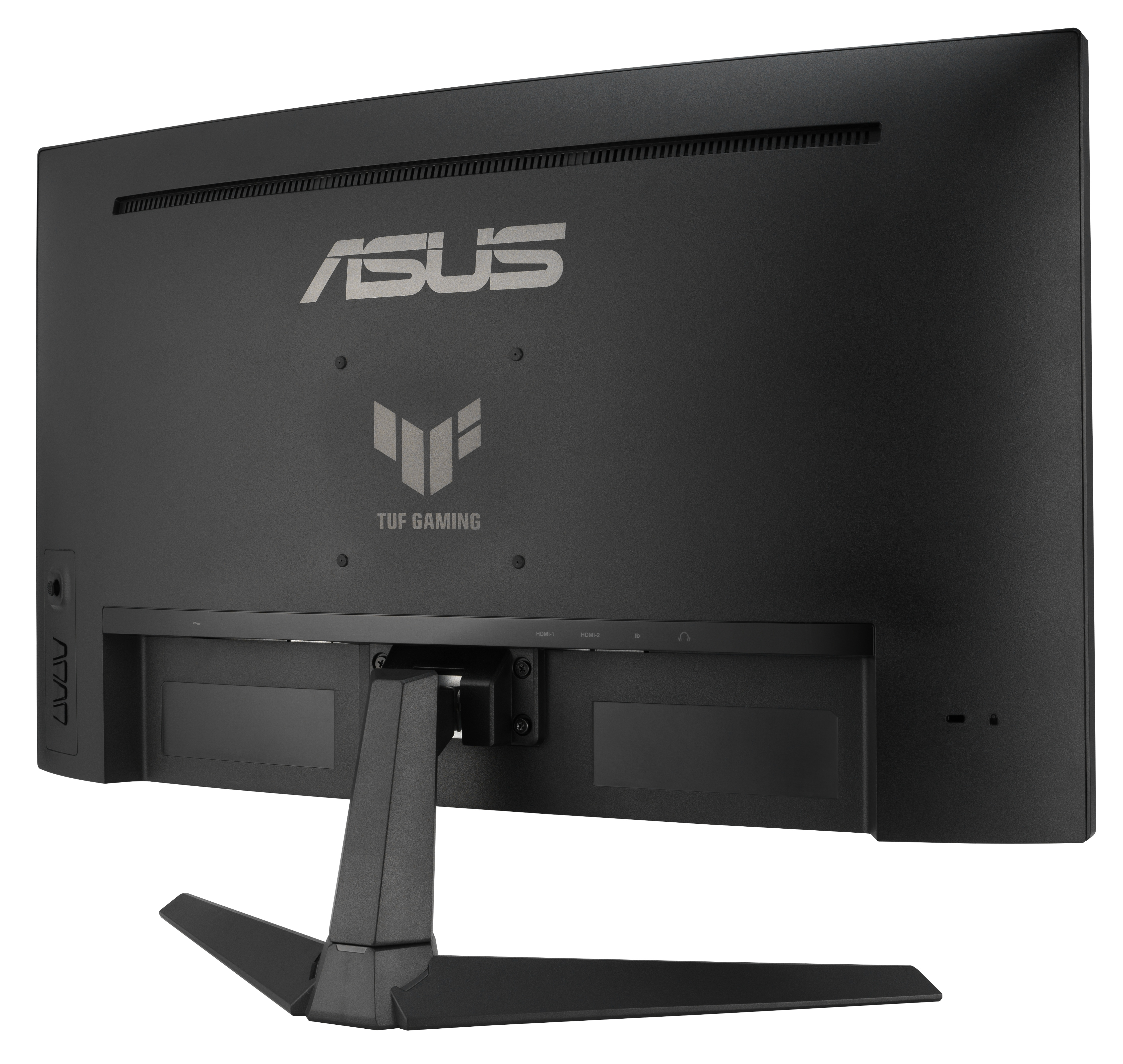 Widoczny tył czarnego monitora ASUS TUF Gaming. Ma logo marki i porty.