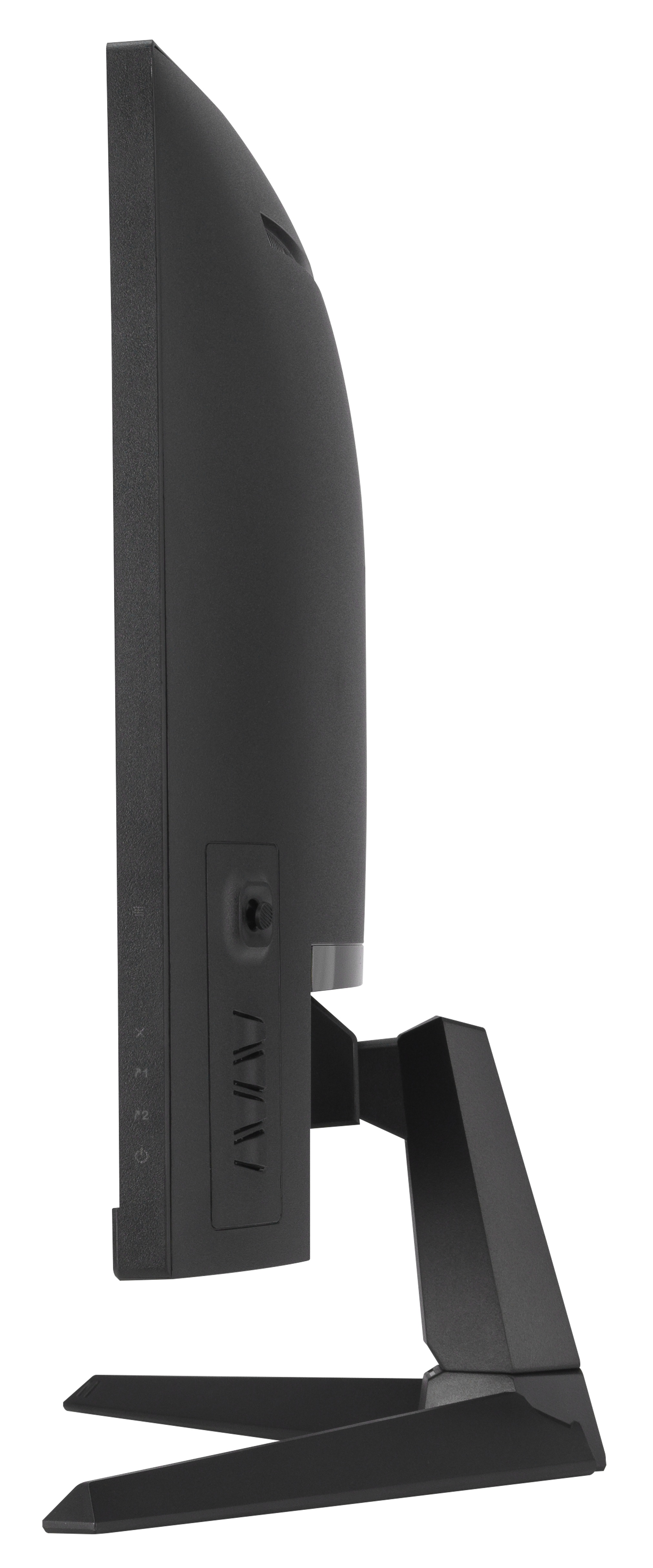 Widok z boku czarnego monitora komputera. Ma podstawkę i panel sterowania z boku. Tło jest białe.