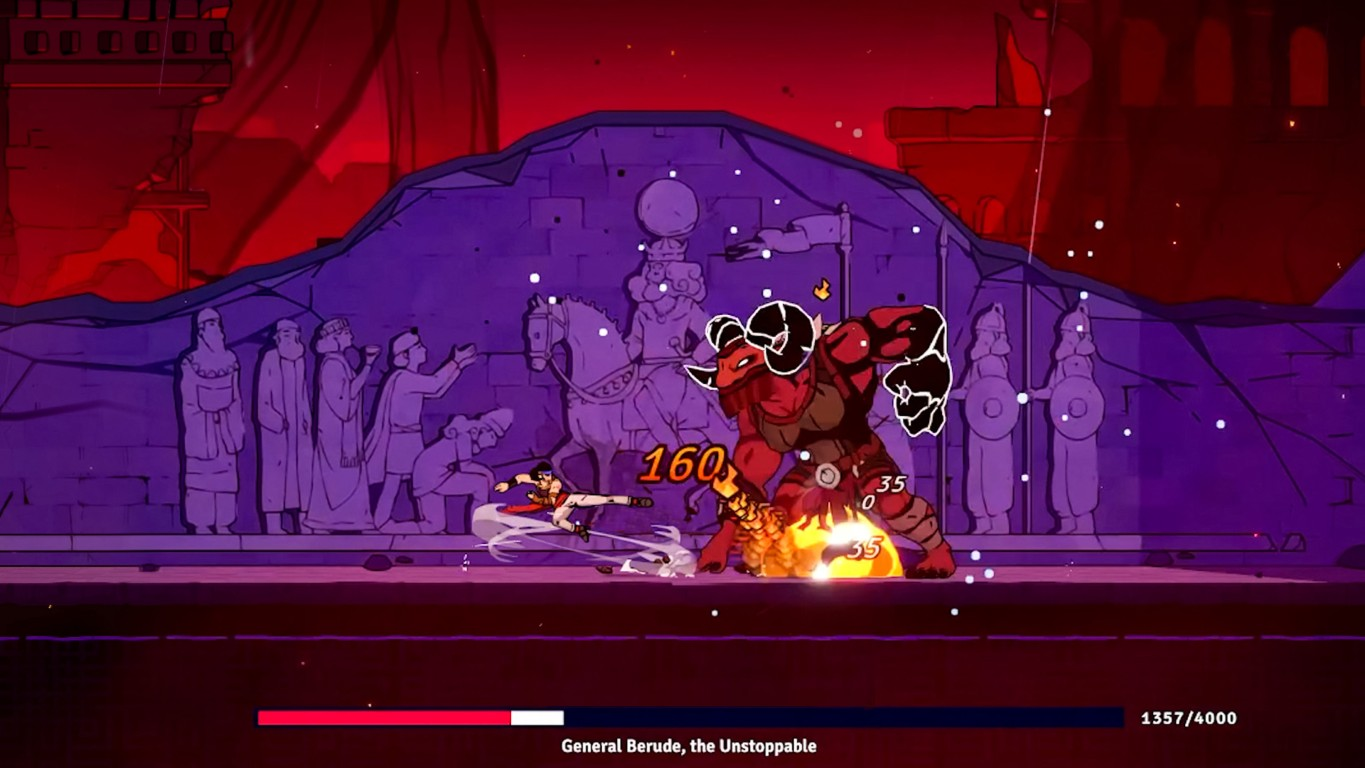 Scena z gry walki pokazuje postać atakującą czerwonego demona z rogami. Widoczne są posągi i pasek zdrowia.