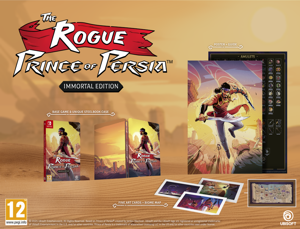 Pudełko z grą The Rogue Prince of Persia Immortal Edition, steelbook, plakat, karty i mapa na tle pustyni.