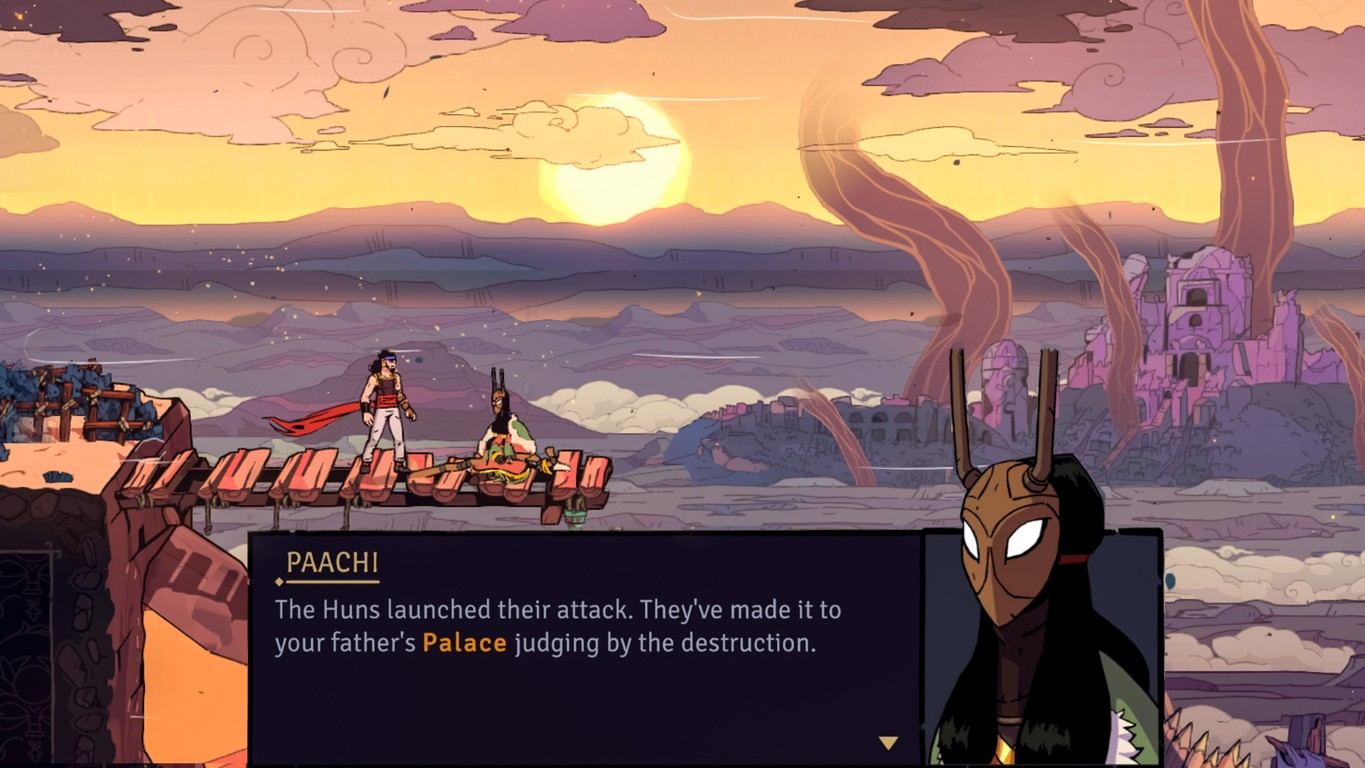 Animowana scena przedstawia zachód słońca z postaciami na drewnianej platformie. Ruiny w tle. Postać mówi.